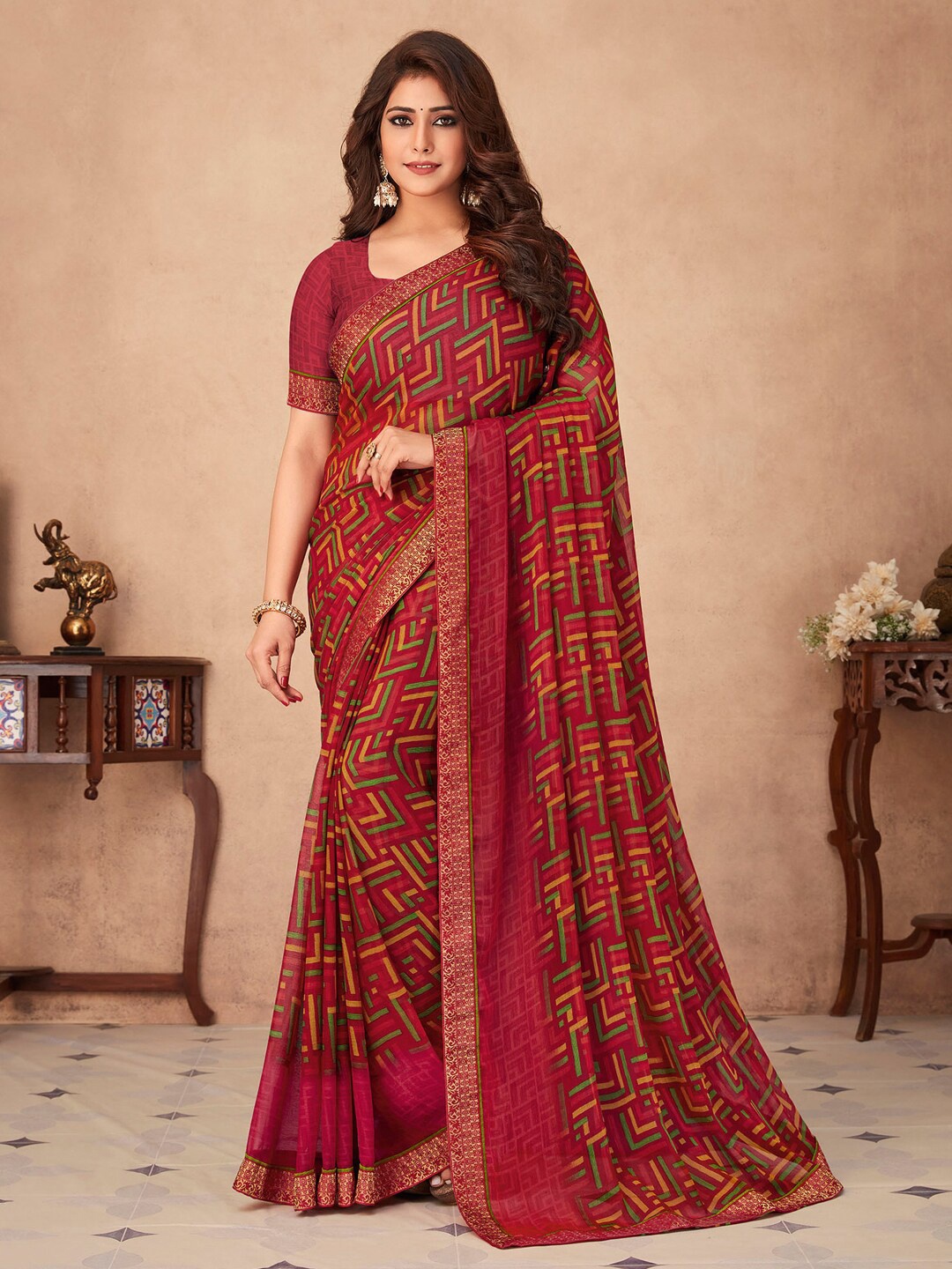 

Anouk Maroon & Green Geometric Printed Zari Pure Chiffon Bagru Saree