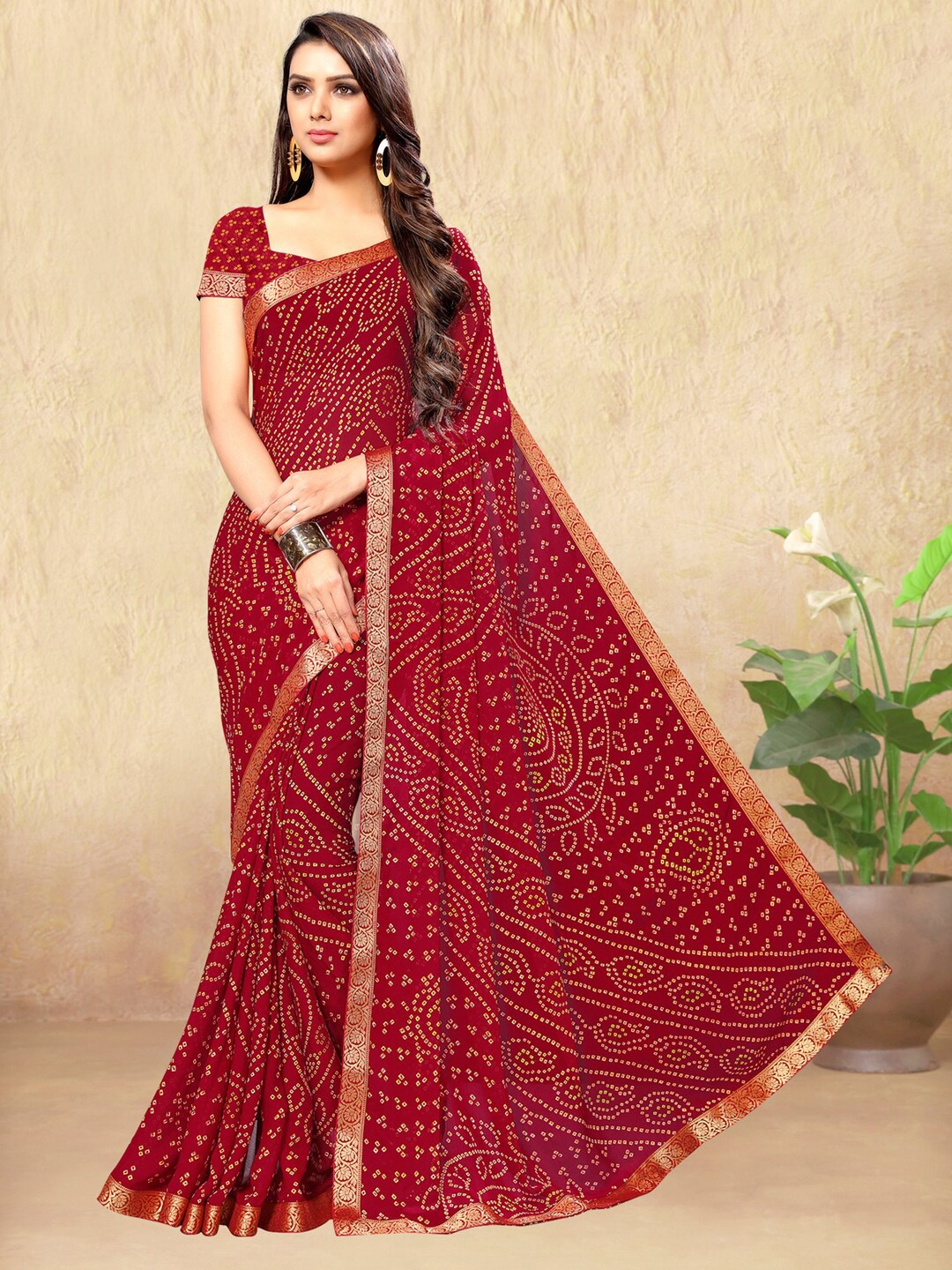 

Anouk Maroon & White Bandhani Printed Zari Pure Chiffon Bagru Saree