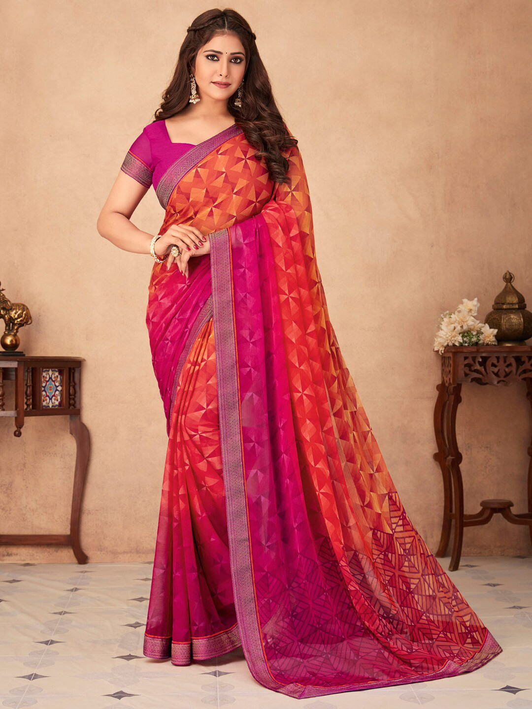 

Anouk Orange & Magenta Geometric Printed Zari Pure Chiffon Saree