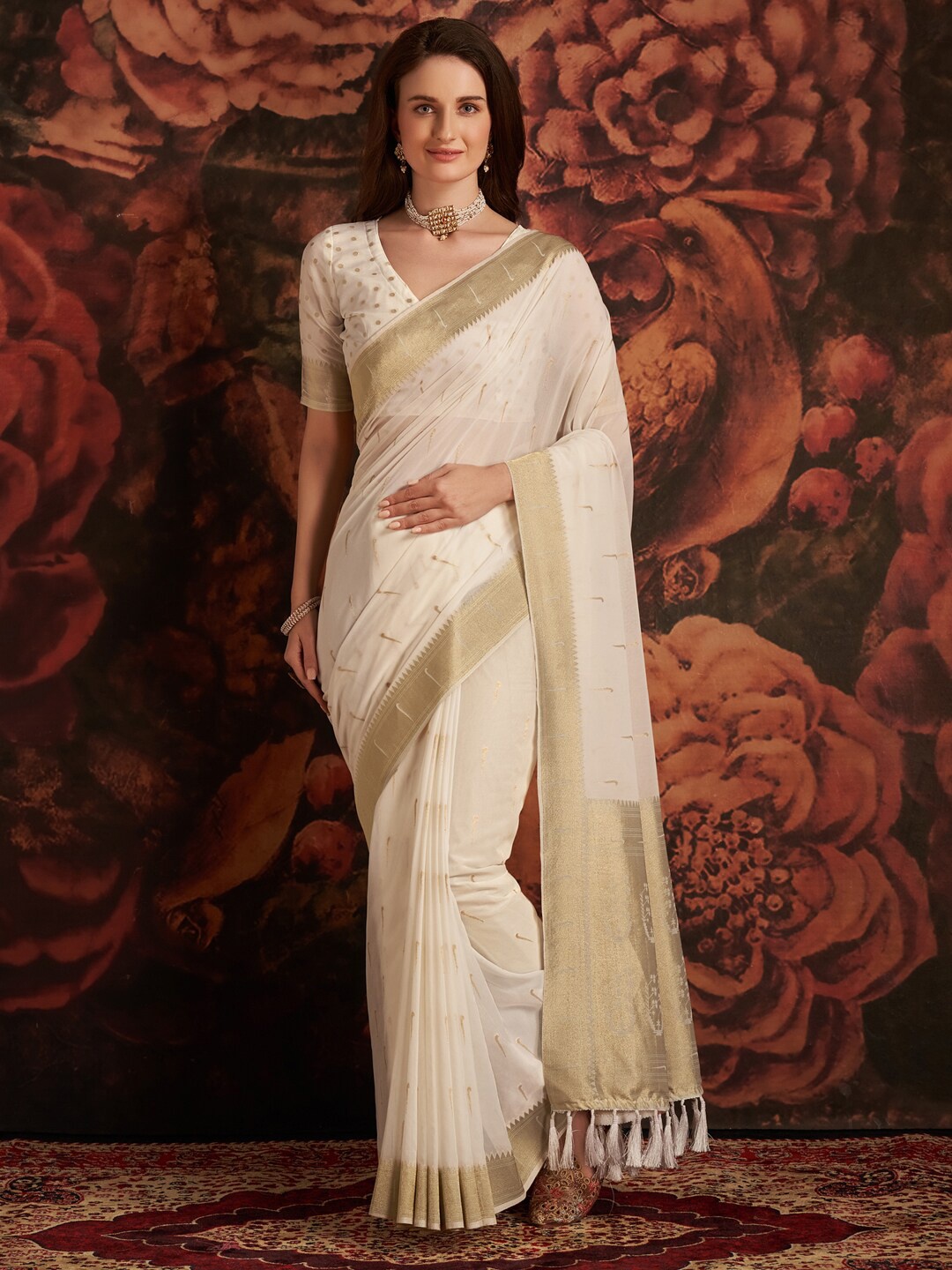 

Anouk Off White & Gold-Toned Ethnic Motifs Woven Design Zari Pure Georgette Banarasi Saree