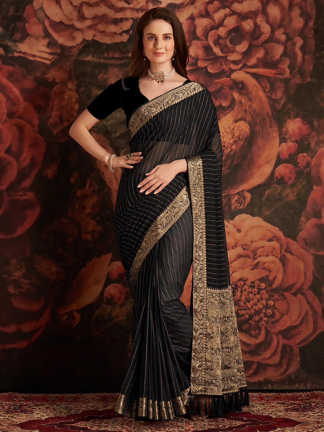 

Anouk Striped Woven Design Zari Banarasi Saree, Black