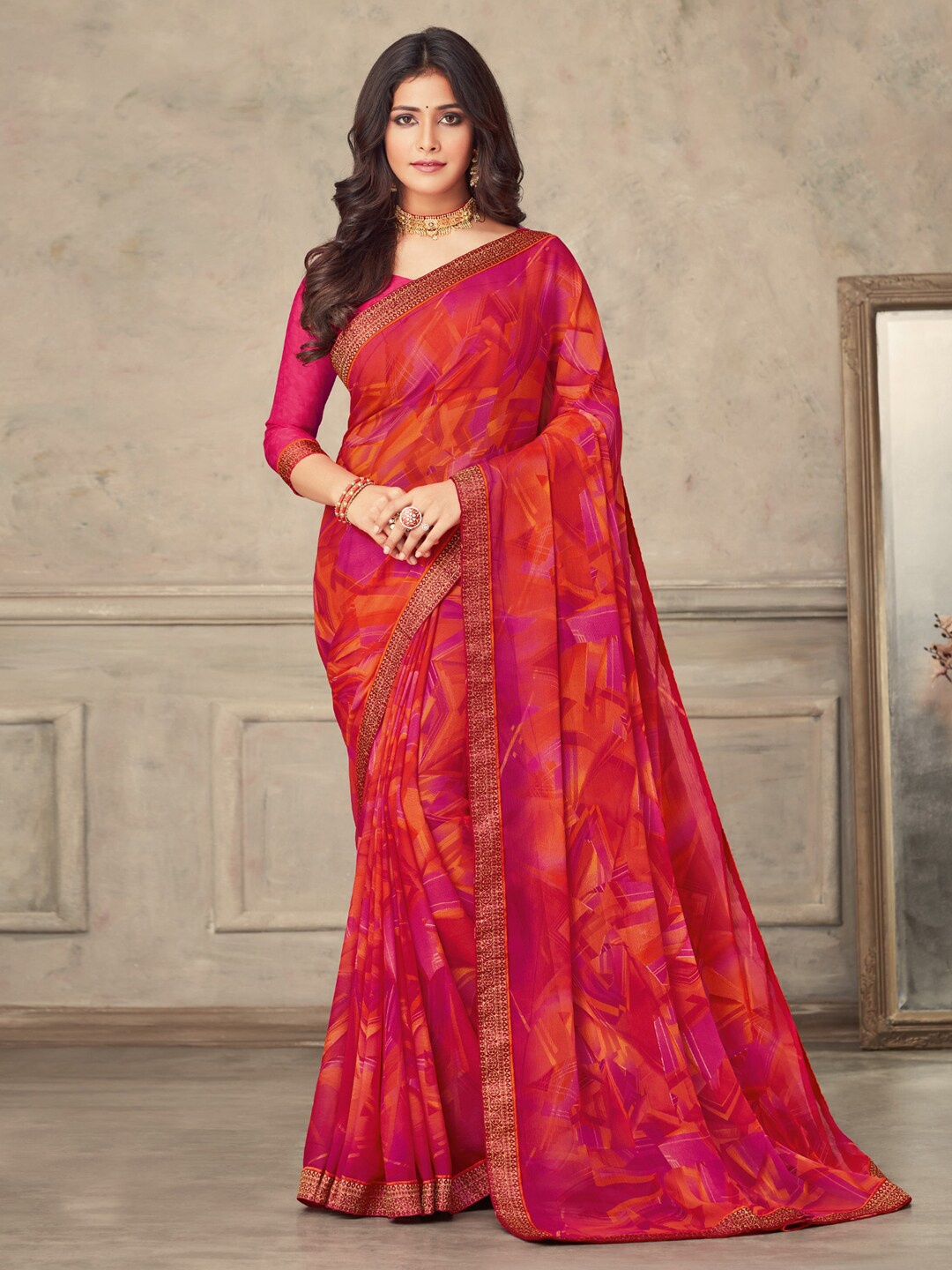 

Anouk Abstract Printed Zari Pure Chiffon Bagru Saree, Orange