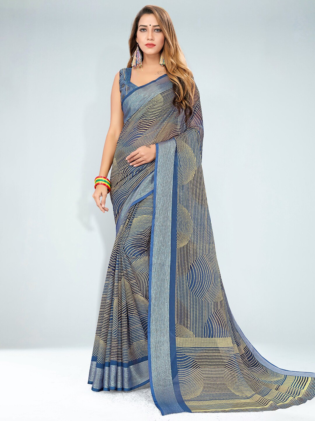 

Anouk Rustic Striped Sungudi Saree, Navy blue