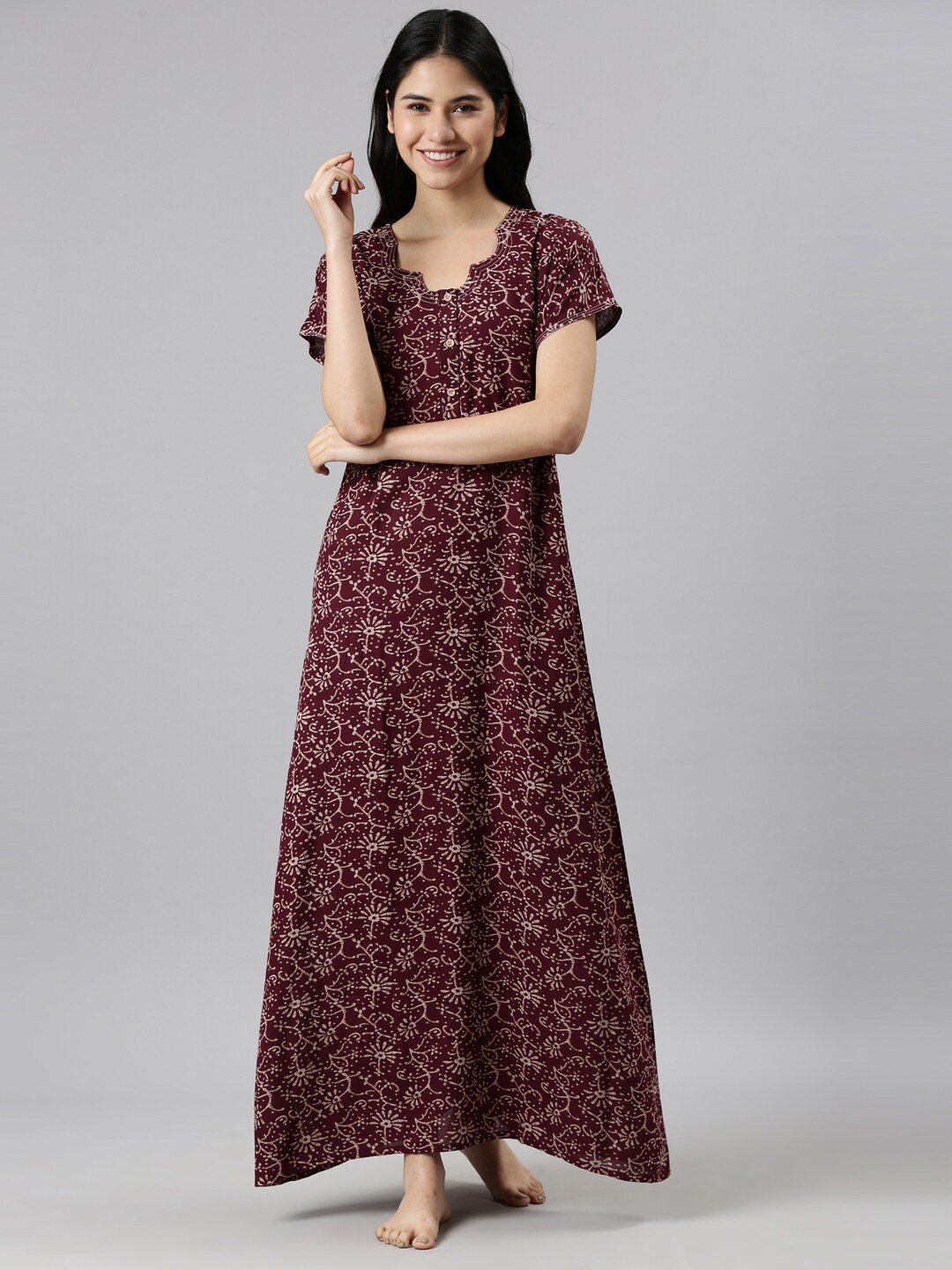 

GOLDSTROMS Ethnic Motifs Printed Maxi Nightdress, Maroon