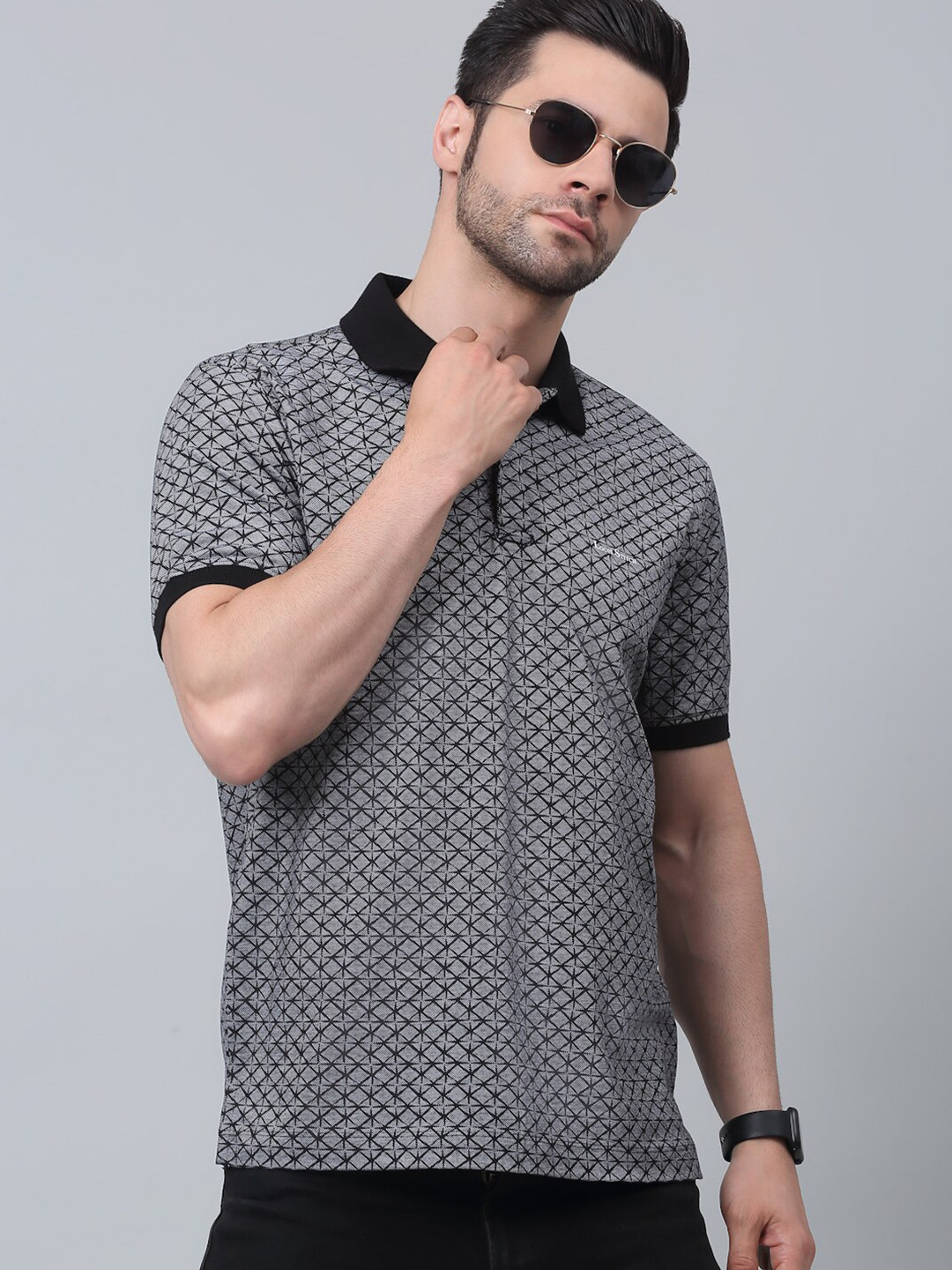 

LOUIS STITCH Slim Fit Checked Printed Polo Collar Stretchex Cotton T-shirt, Black