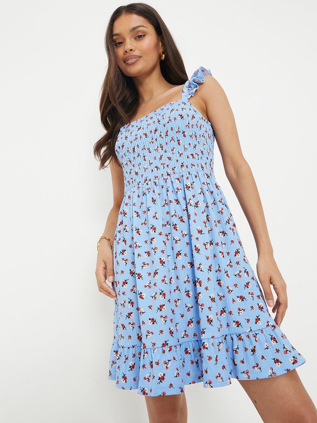 

DOROTHY PERKINS Petite Floral Print Smocked Ruffle A-Line Dress, Blue