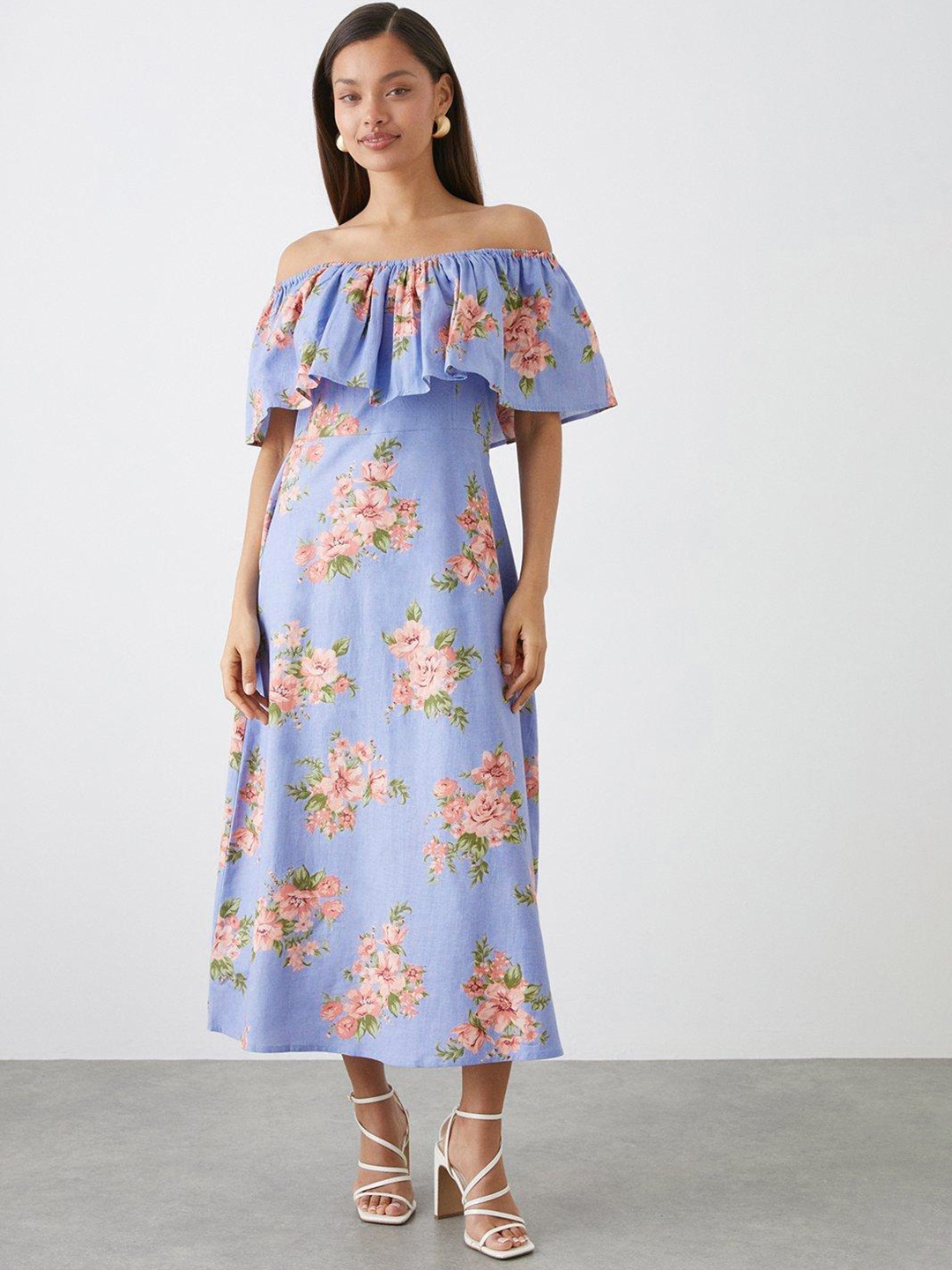 

DOROTHY PERKINS Petite Pure Cotton Floral Print Off-Shoulder A-Line Midi Dress, Blue