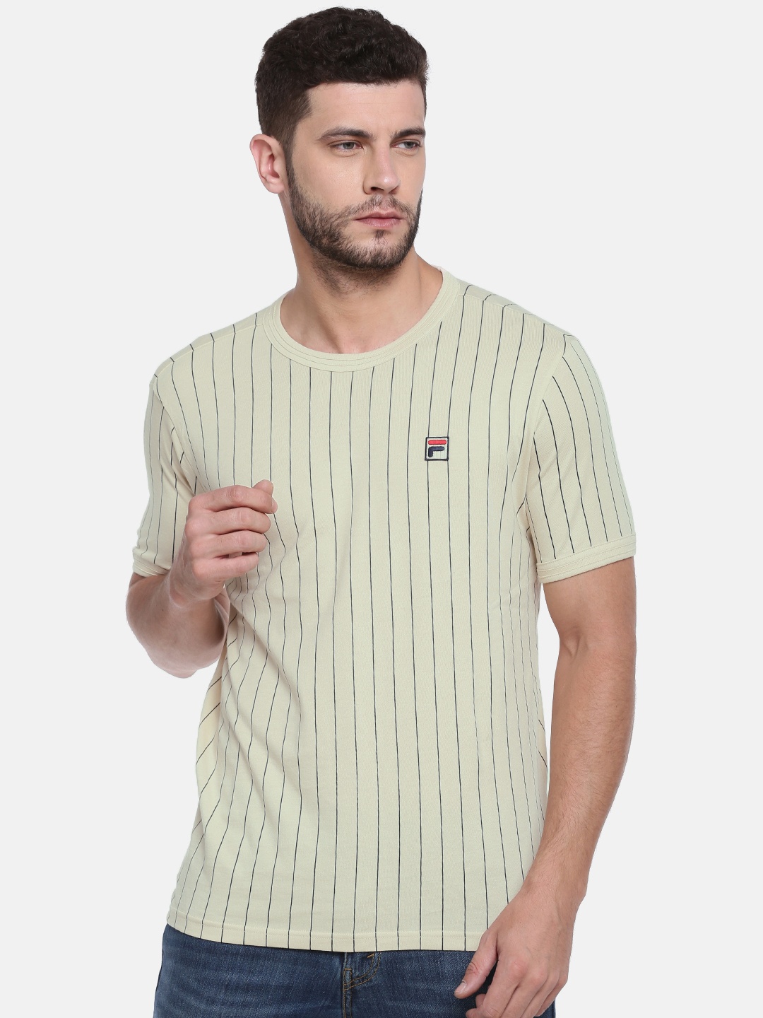 

FILA Men Beige & Black Striped Round Neck T-shirt
