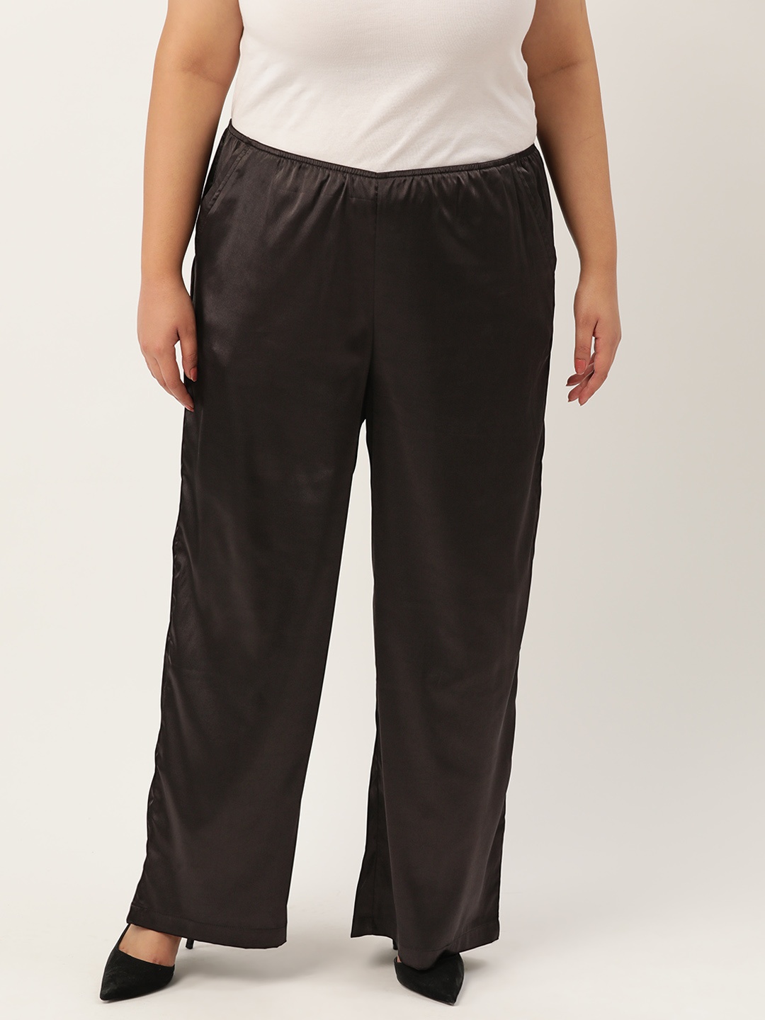 

theRebelinme Plus Size Loose Fit High-Rise Satin Trousers, Black