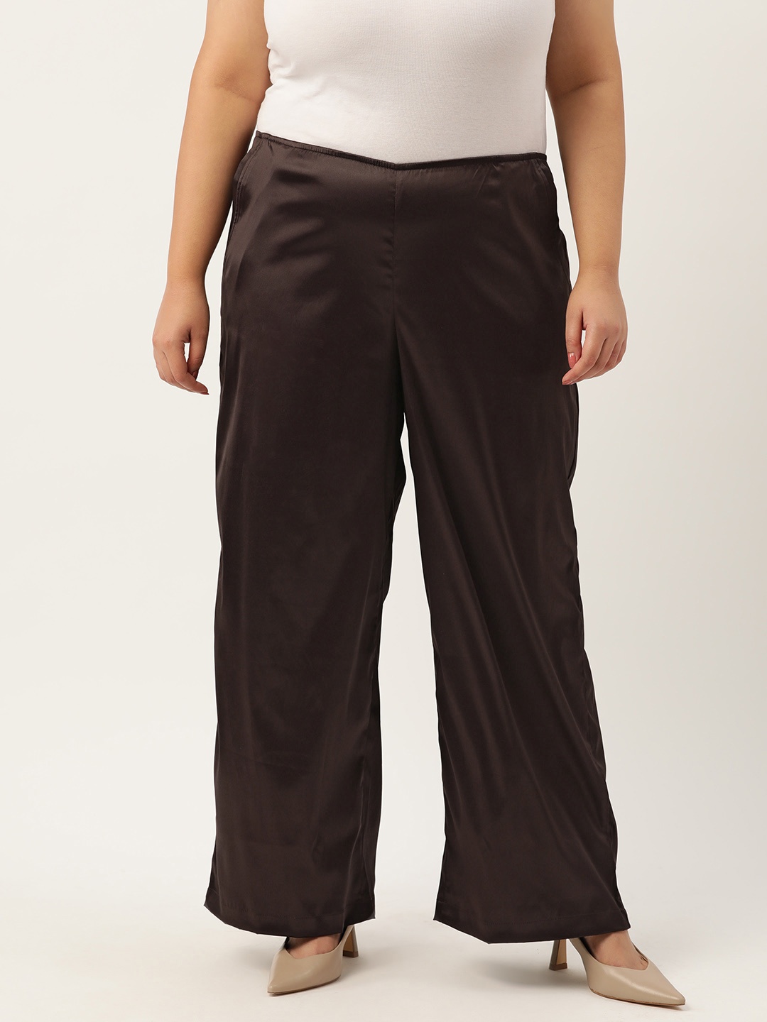 

theRebelinme Plus Size High-Rise Satin Trousers, Brown