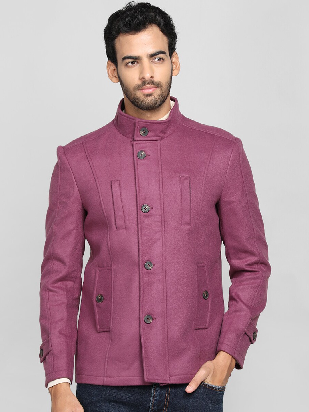 

Dlanxa Stand Collar Single Breasted Tweed Overcoat, Purple