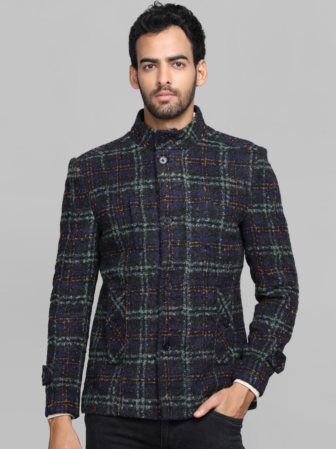 

Dlanxa Checked Single-Breasted Wool Top Coat, Blue