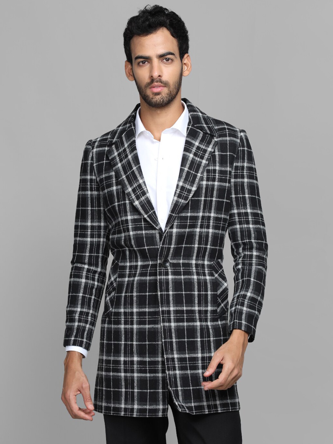 

Dlanxa Men Checked Single-Breasted Wool Overcoat, Black