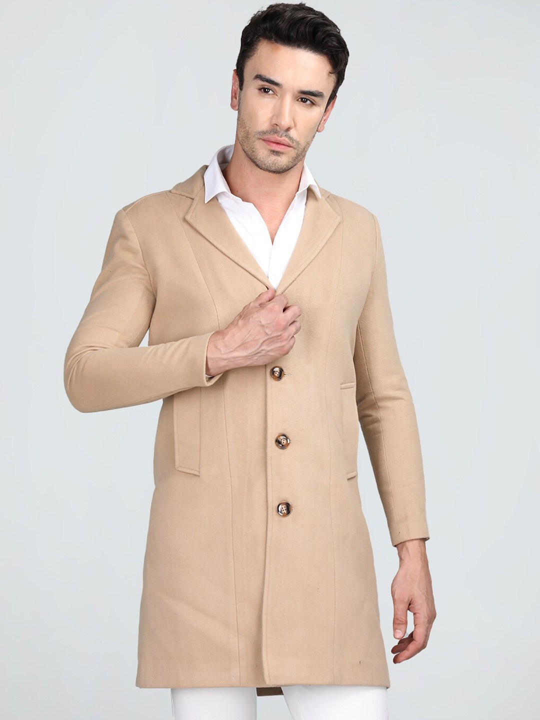 

Dlanxa Notched Lapel Collar Single Breasted Tweed Overcoat, Beige