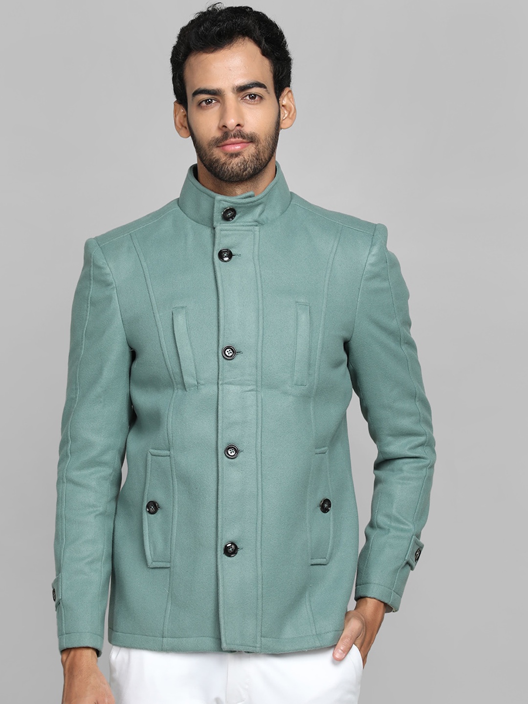 

Dlanxa Stand Collar Single Breasted Tweed Overcoat, Green