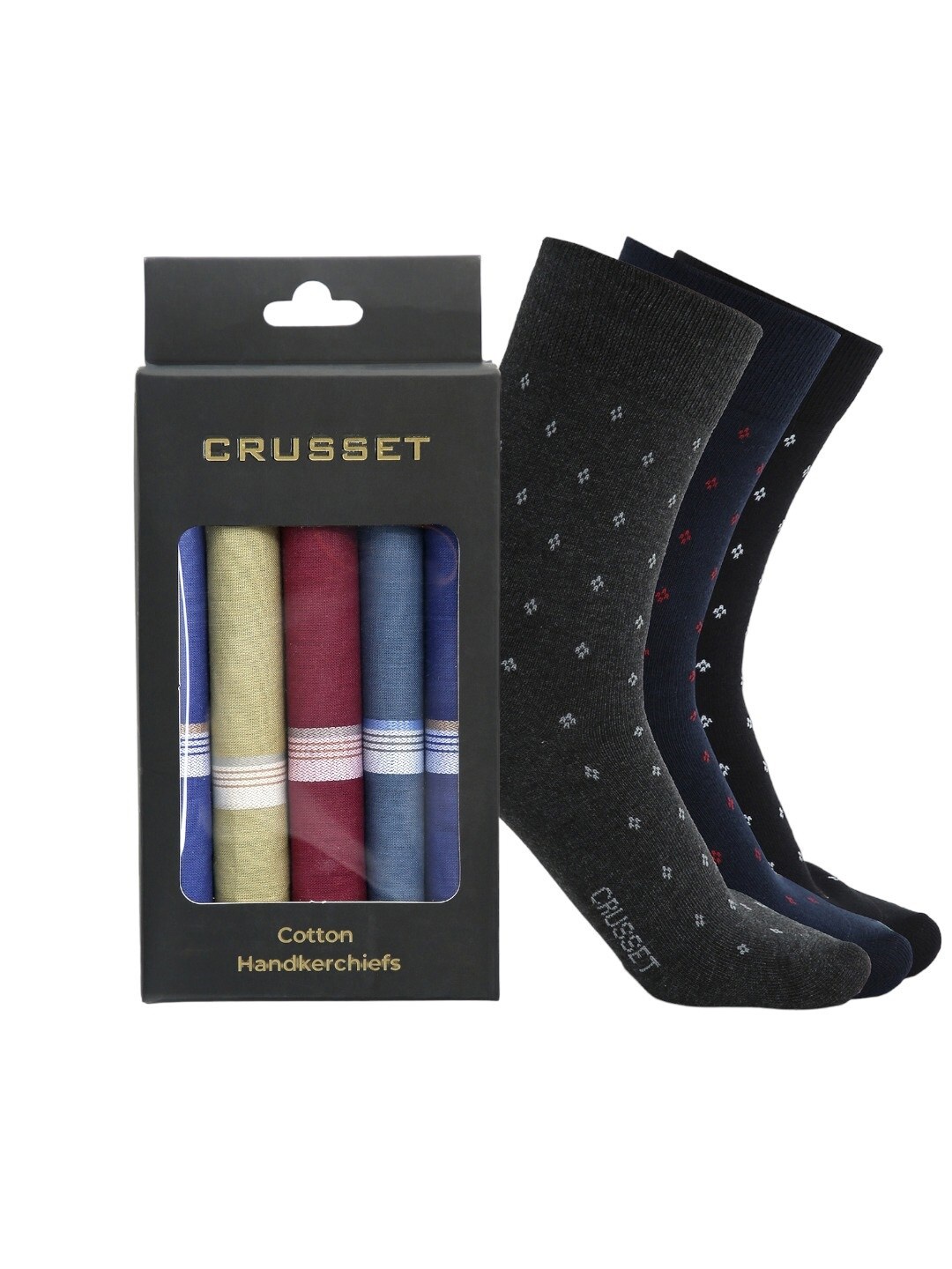 

CRUSSET Men Pack Of 3 Assorted Calf-Length Socks With 5 Handkerchiefs