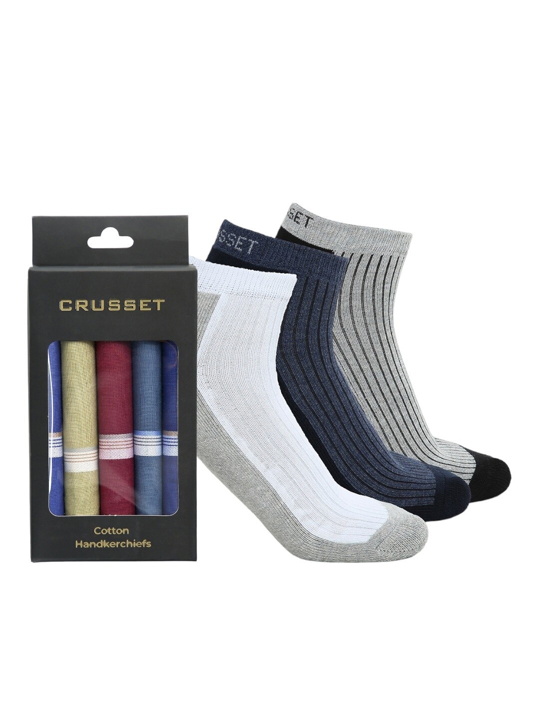 

CRUSSET Men Pack Of 3 Assorted Patterned Ankle-Length Socks With 5 Handkerchiefs