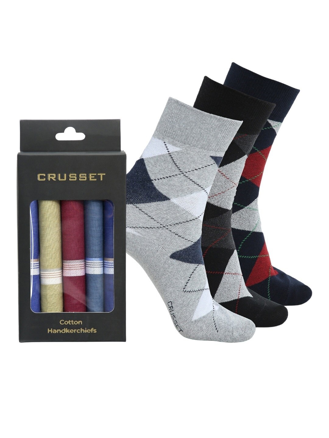 

CRUSSET Men Pack Of 3 Assorted Calf-Length Socks With 5 Handkerchiefs