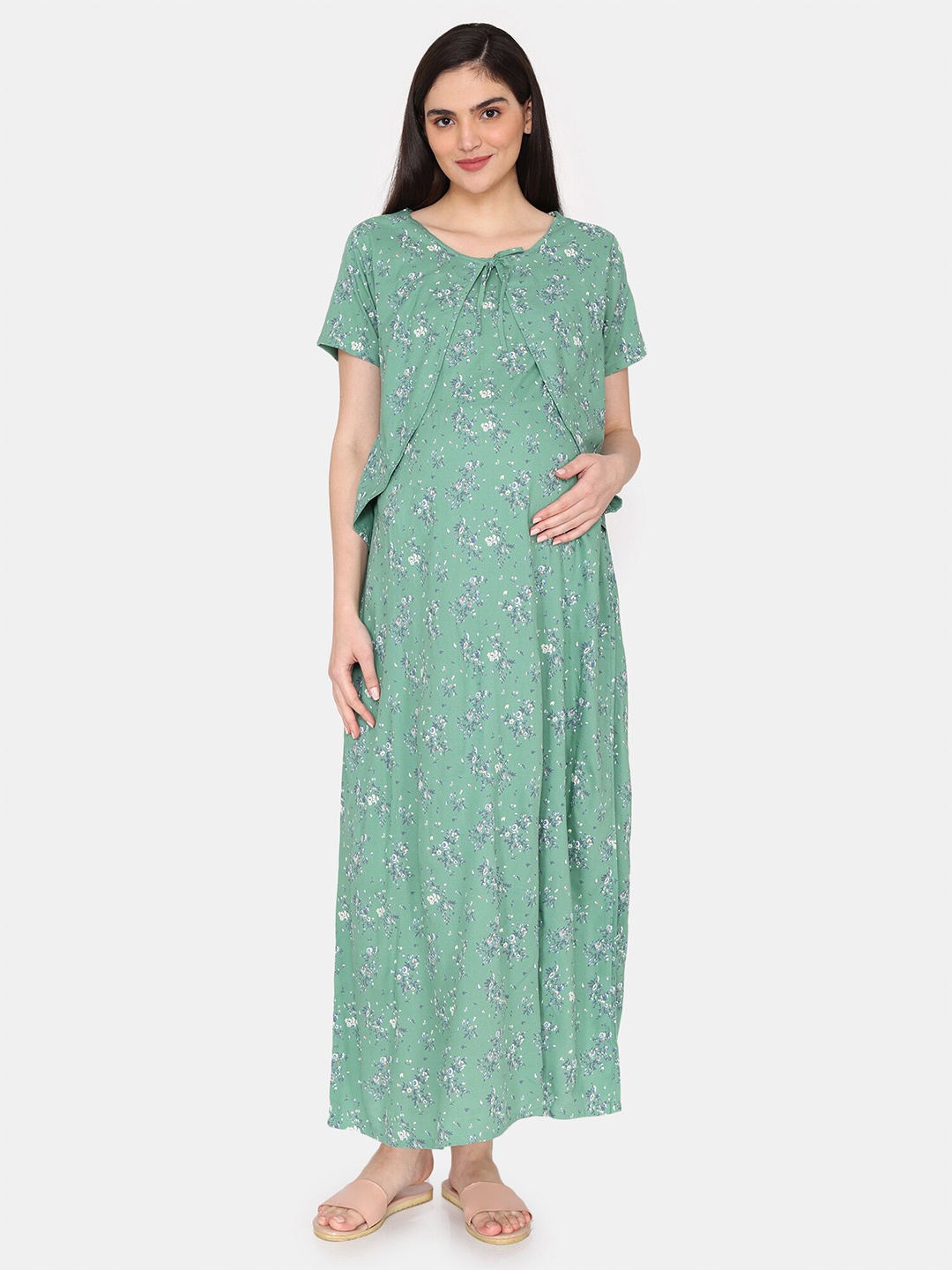 

Coucou by Zivame Floral Printed Maternity Maxi Nightdress, Green