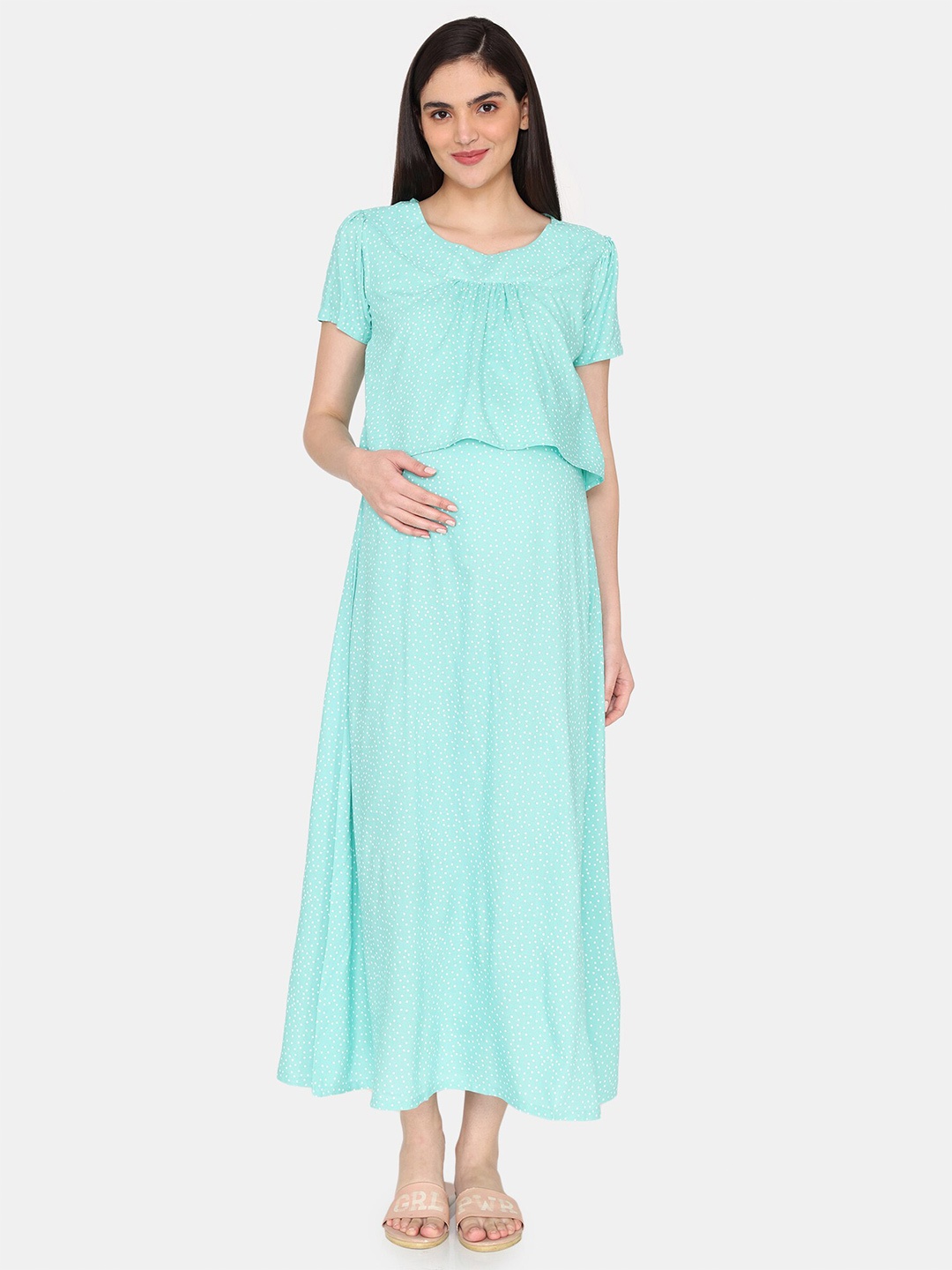 

Coucou by Zivame Polka Dots Printed Maternity Maxi Nightdress, Green