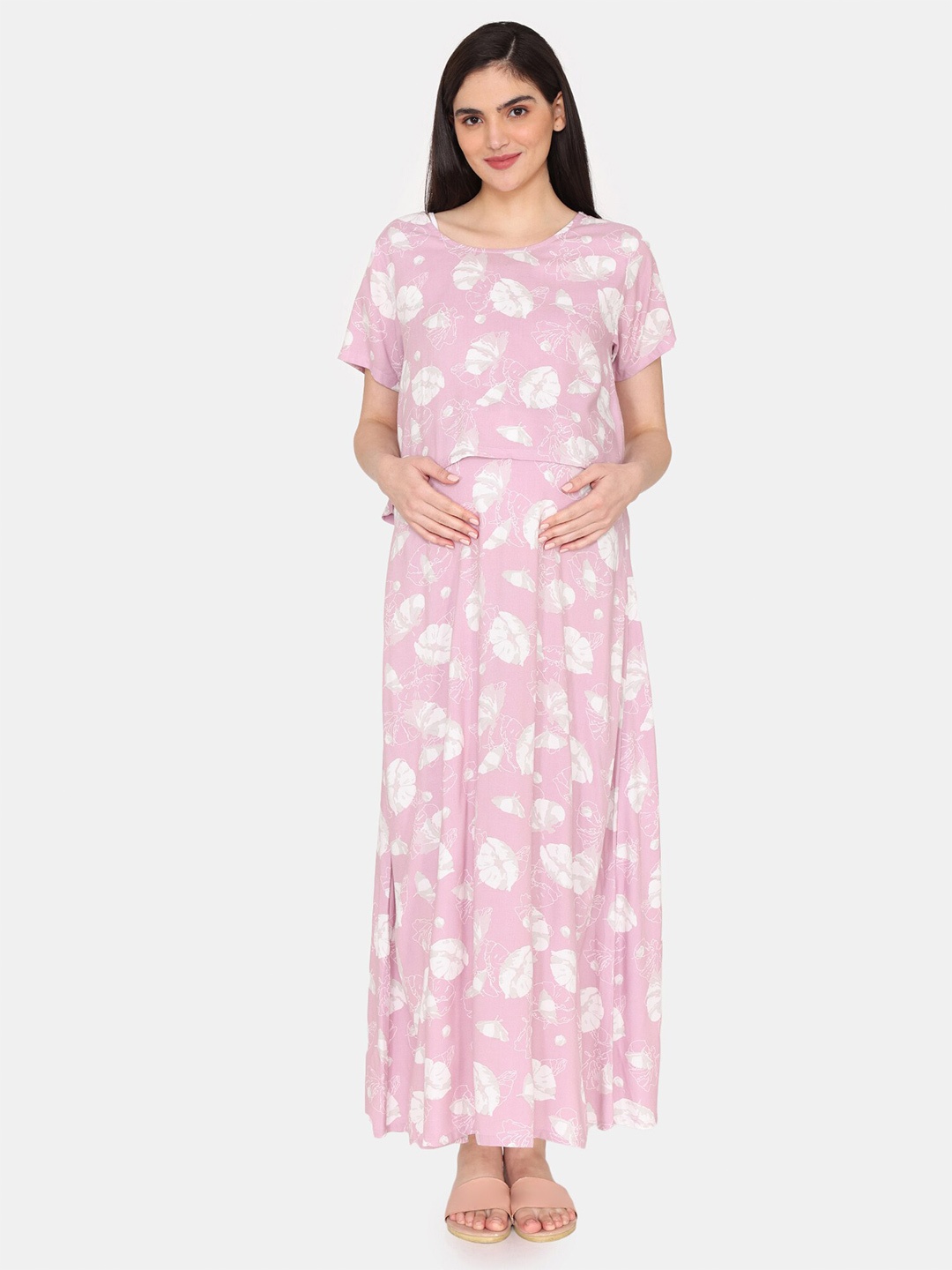

Coucou by Zivame Floral Printed Maternity Maxi Nightdress, Pink