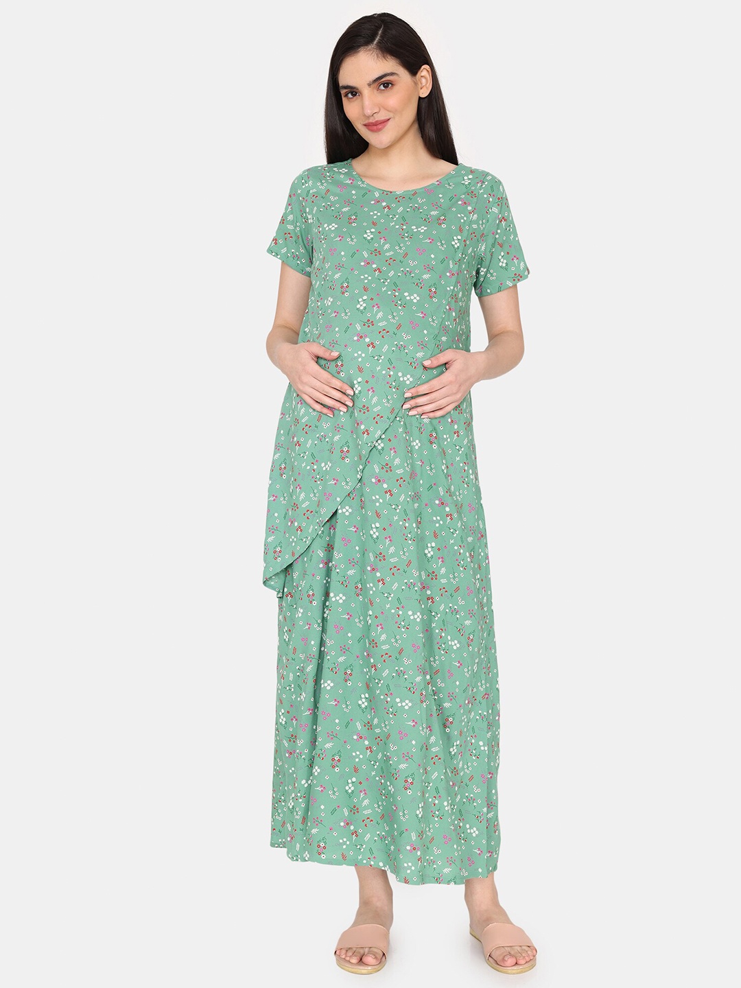 

Coucou by Zivame Floral Printed Maternity Maxi Nightdress, Green