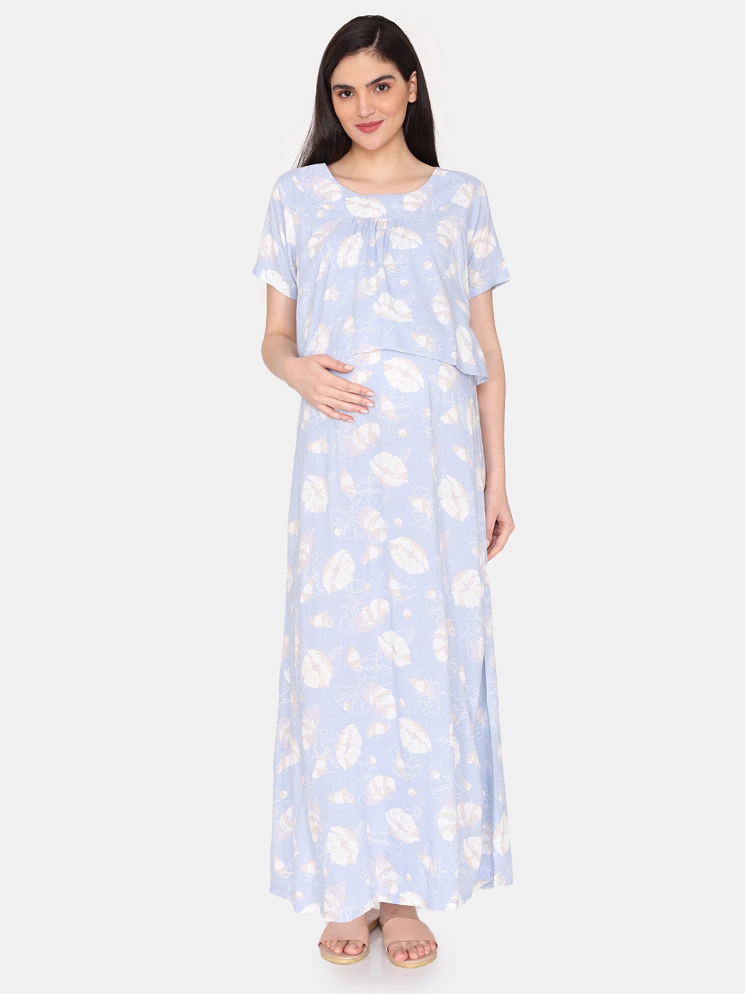 

Coucou by Zivame Floral Printed Maternity Maxi Nightdress, Blue