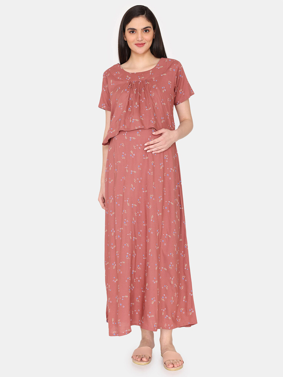 

Coucou by Zivame Floral Printed Maternity Maxi Nightdress, Brown