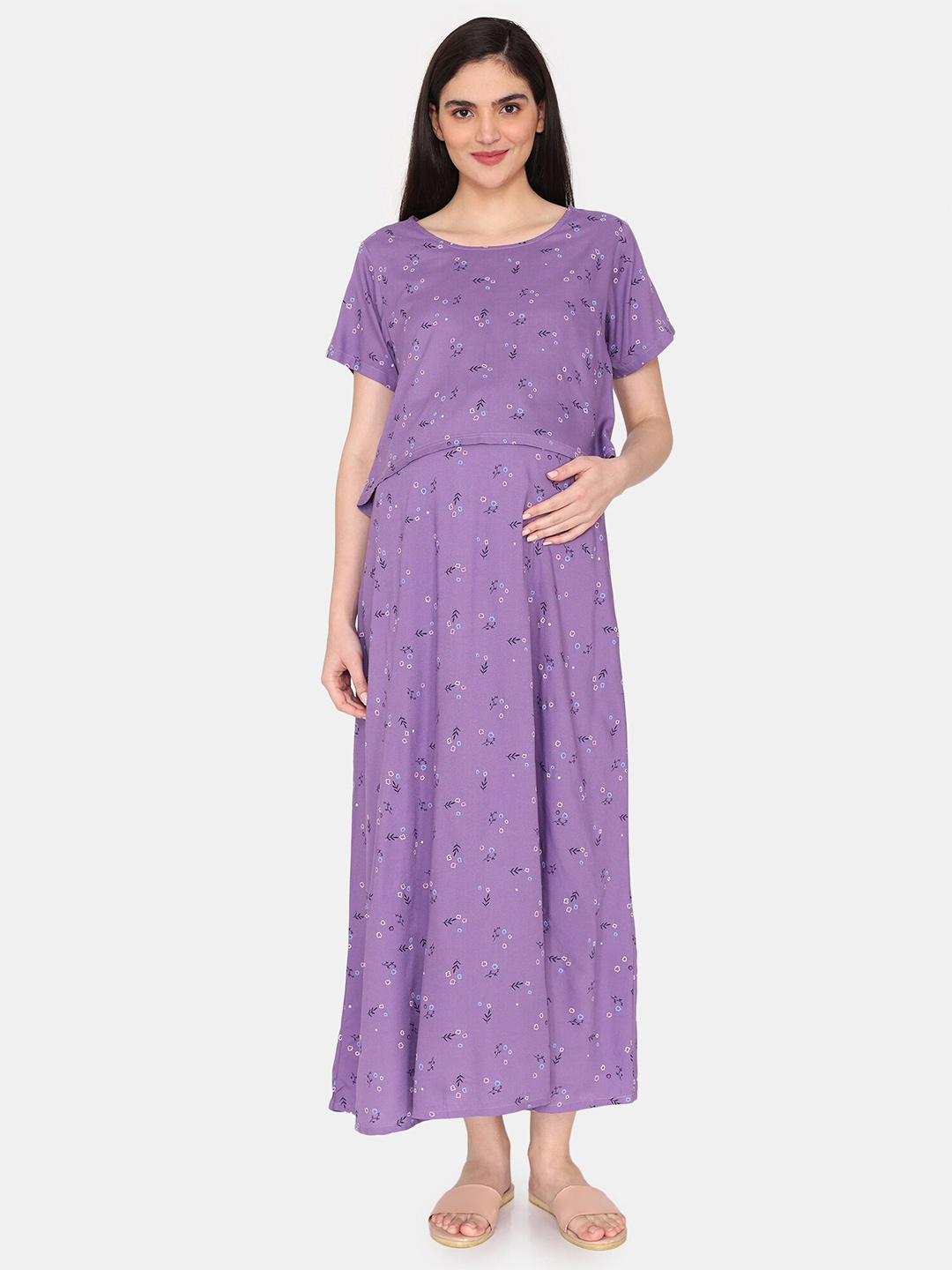 

Coucou by Zivame Floral Printed Maternity Maxi Nightdress, Purple