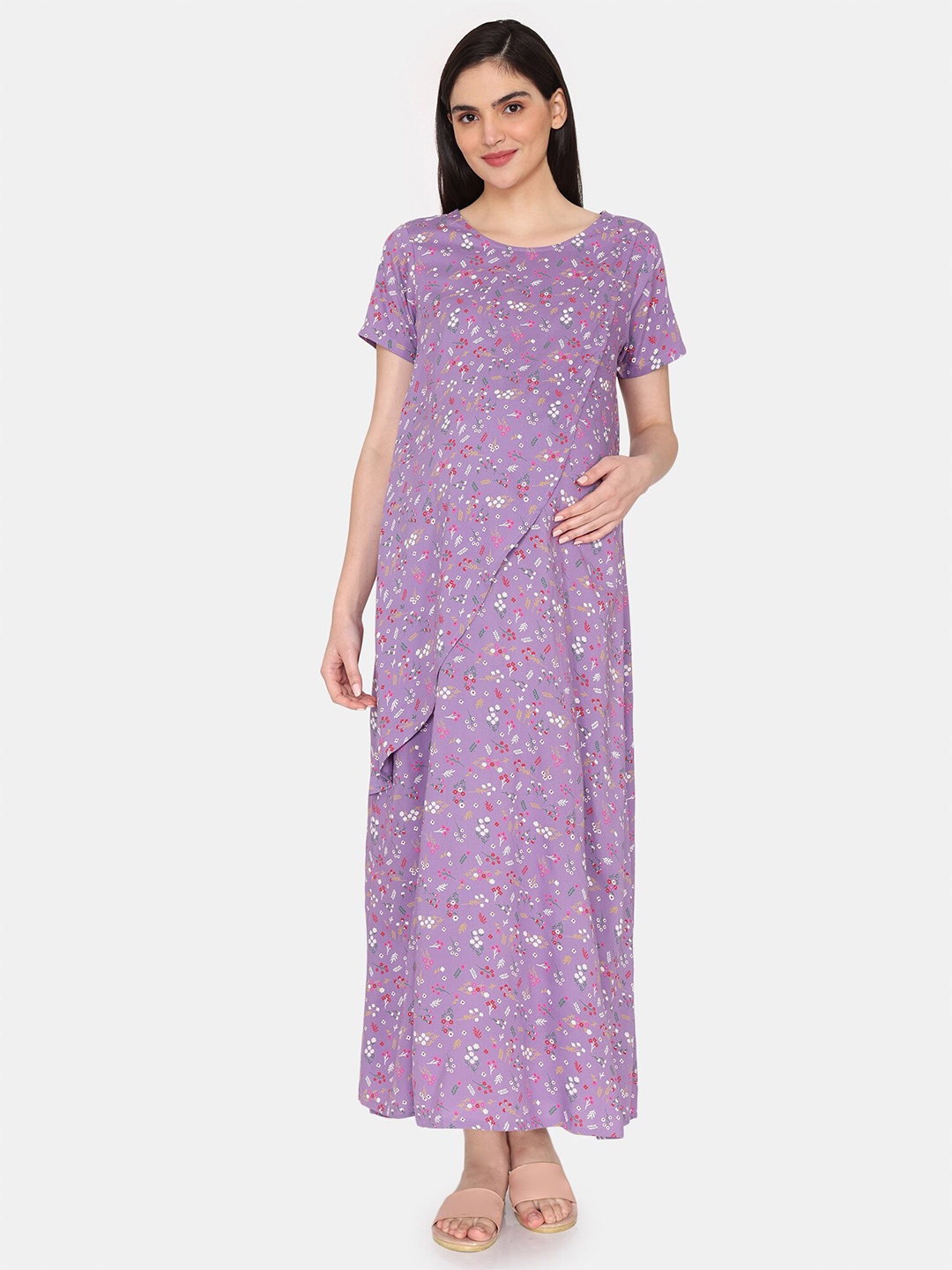 

Coucou by Zivame Floral Printed Maternity Maxi Nightdress, Purple