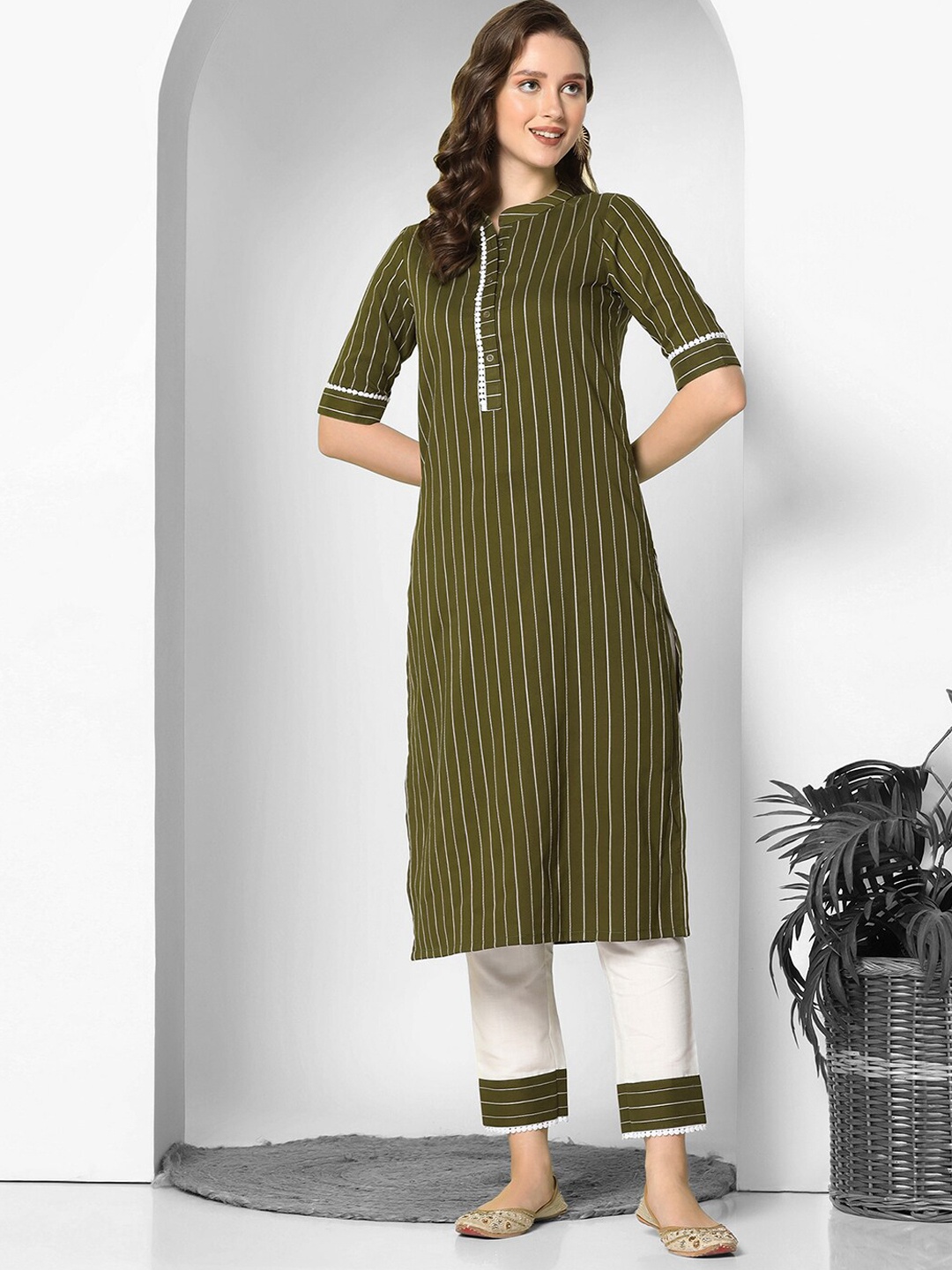 

KALINI Mandarin collar Striped Printed Regular Kurta with Trousers, Olive