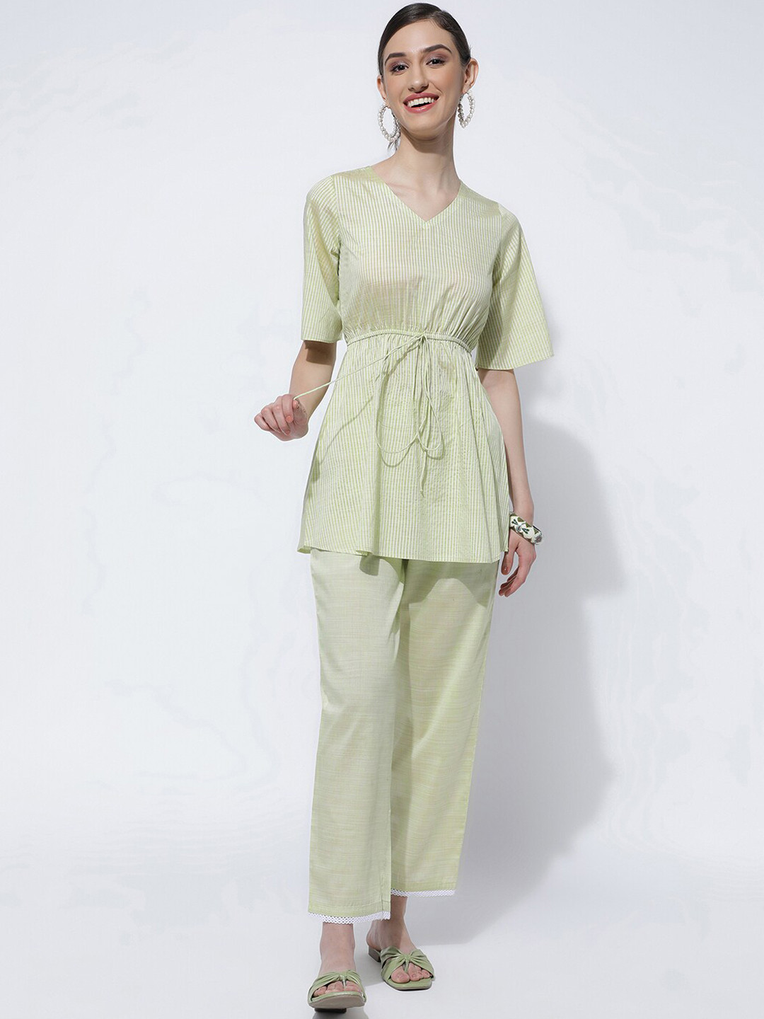 

KALINI V Neck Striped Printed Tie -Up Detail Regular Kurti with Trousers, Lime green