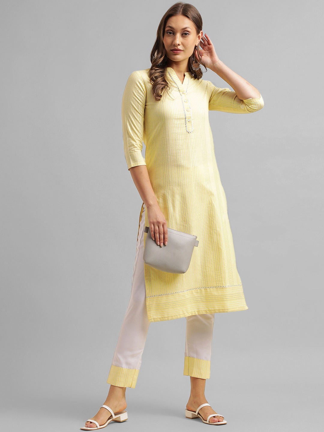 

KALINI Mandarin Collar Striped Printed Gotta Patti Regular Kurta with Trousers, Yellow