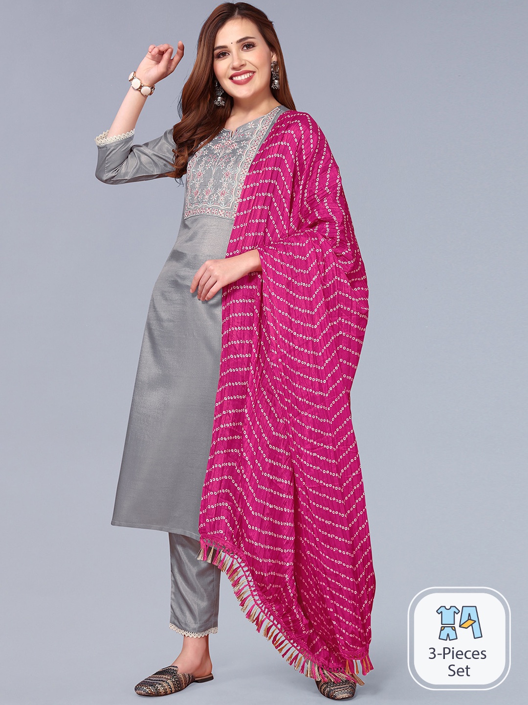 

KALINI Ethnic Motifs Embroidered Thread Work Regular Kurta with Trousers & With Dupatta, Grey