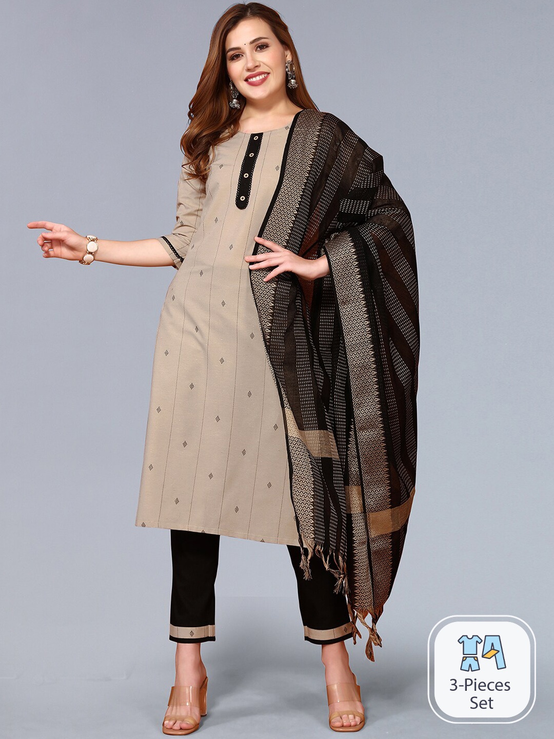 

KALINI Ethnic Motif Woven Design Regular Kurta & Trousers With Dupatta, Beige