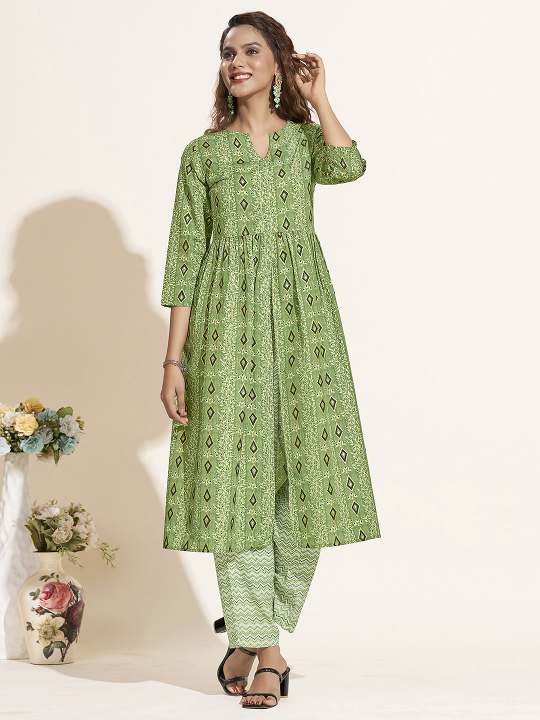 

KALINI Floral Printed Gathers A-Line Kurta with Trousers, Green