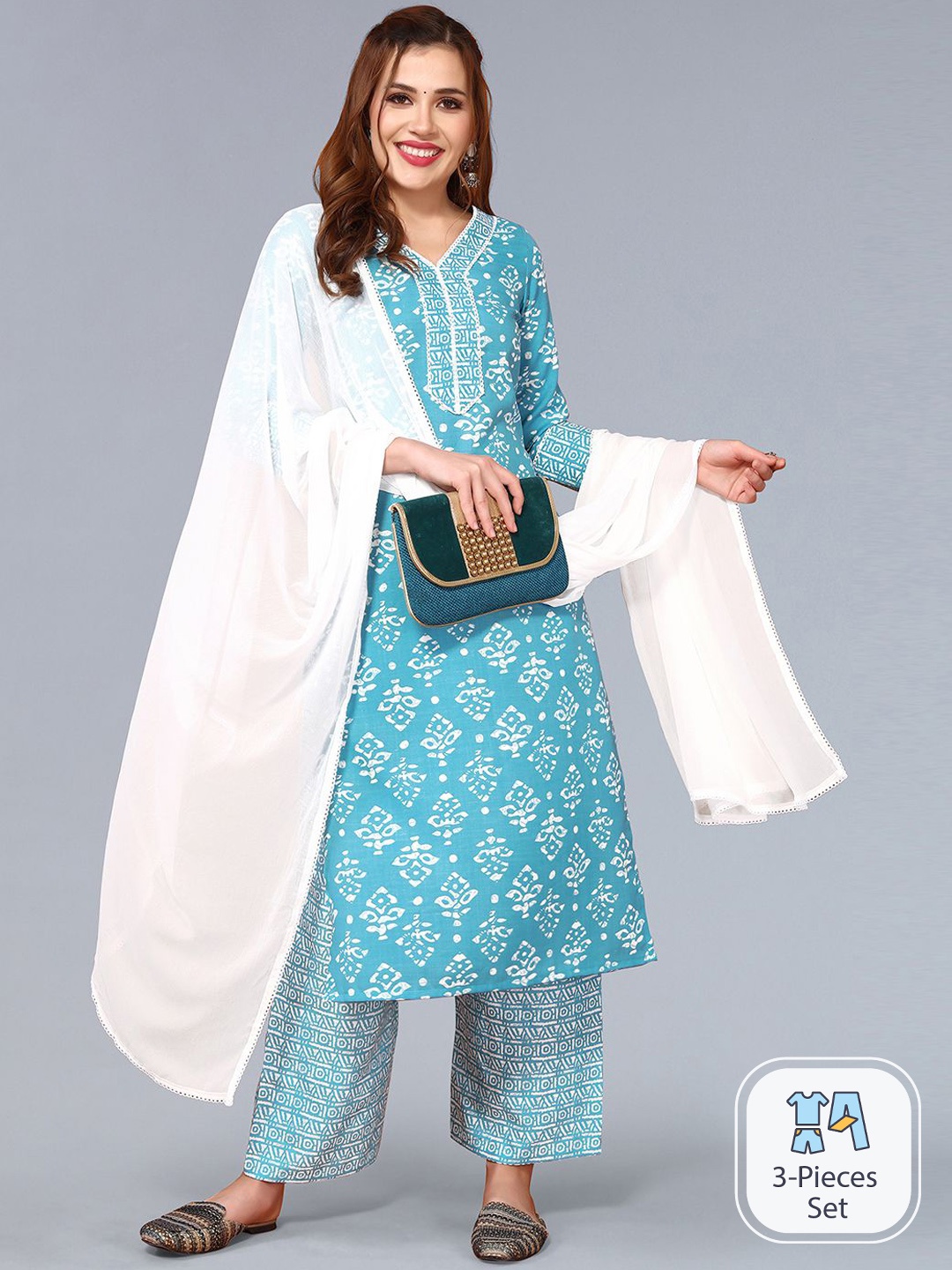 

KALINI Floral Printed V-Neck Straight Kurta with Palazzos & Dupatta, Turquoise blue