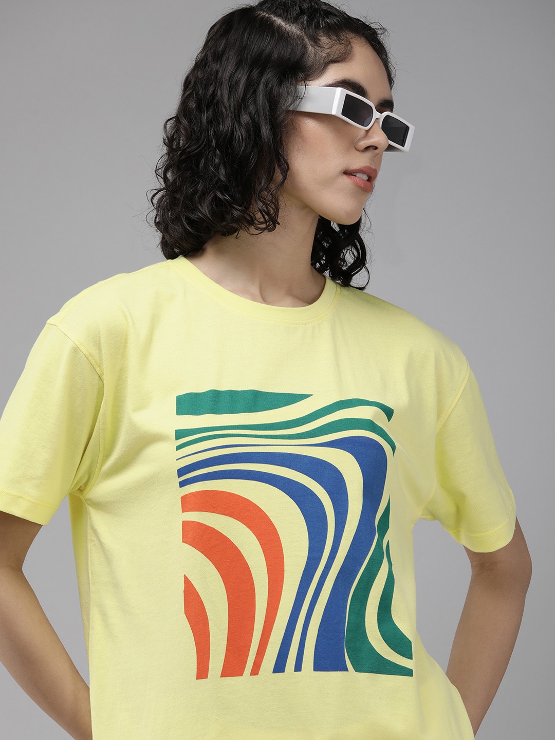 

Roadster Printed Drop-Shoulder Sleeves Oversized Longline T-shirt, Yellow