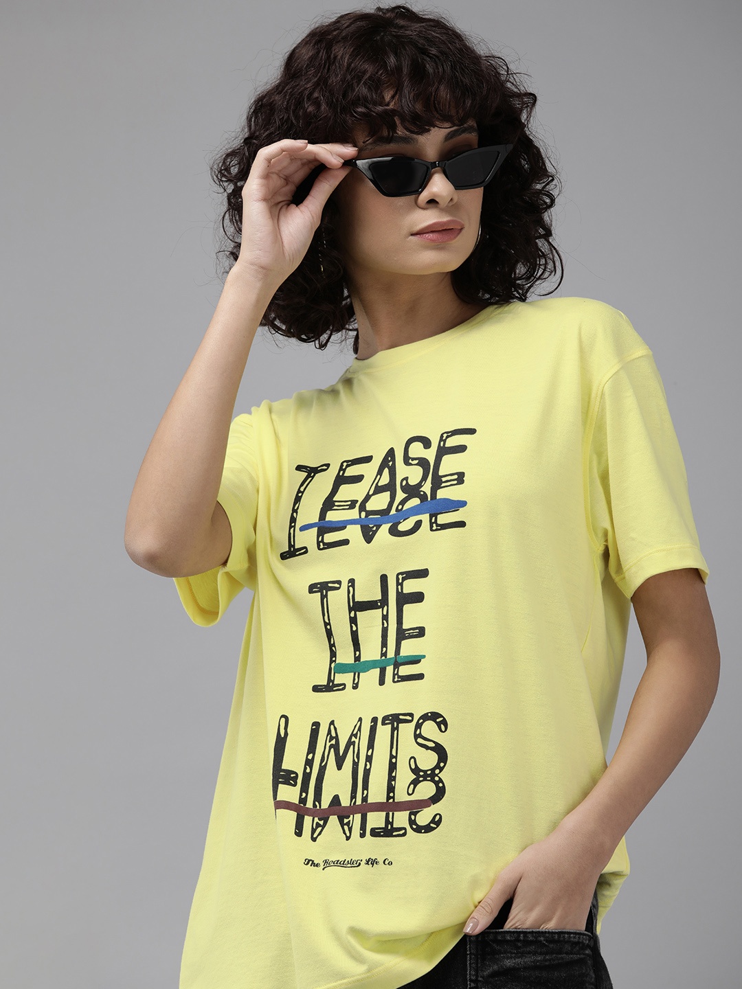 

Roadster Typography Printed Drop-Shoulder Sleeves Oversized Longline T-shirt, Yellow