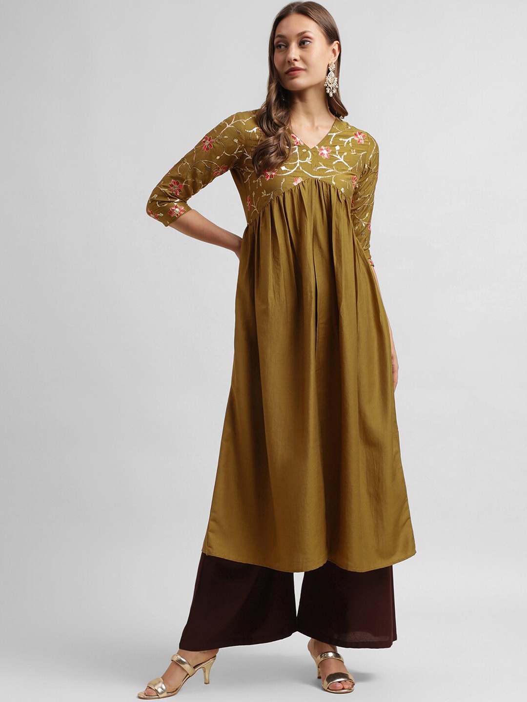 

KALINI Floral Yoke Design Sequinned Anarkali Kurta, Olive