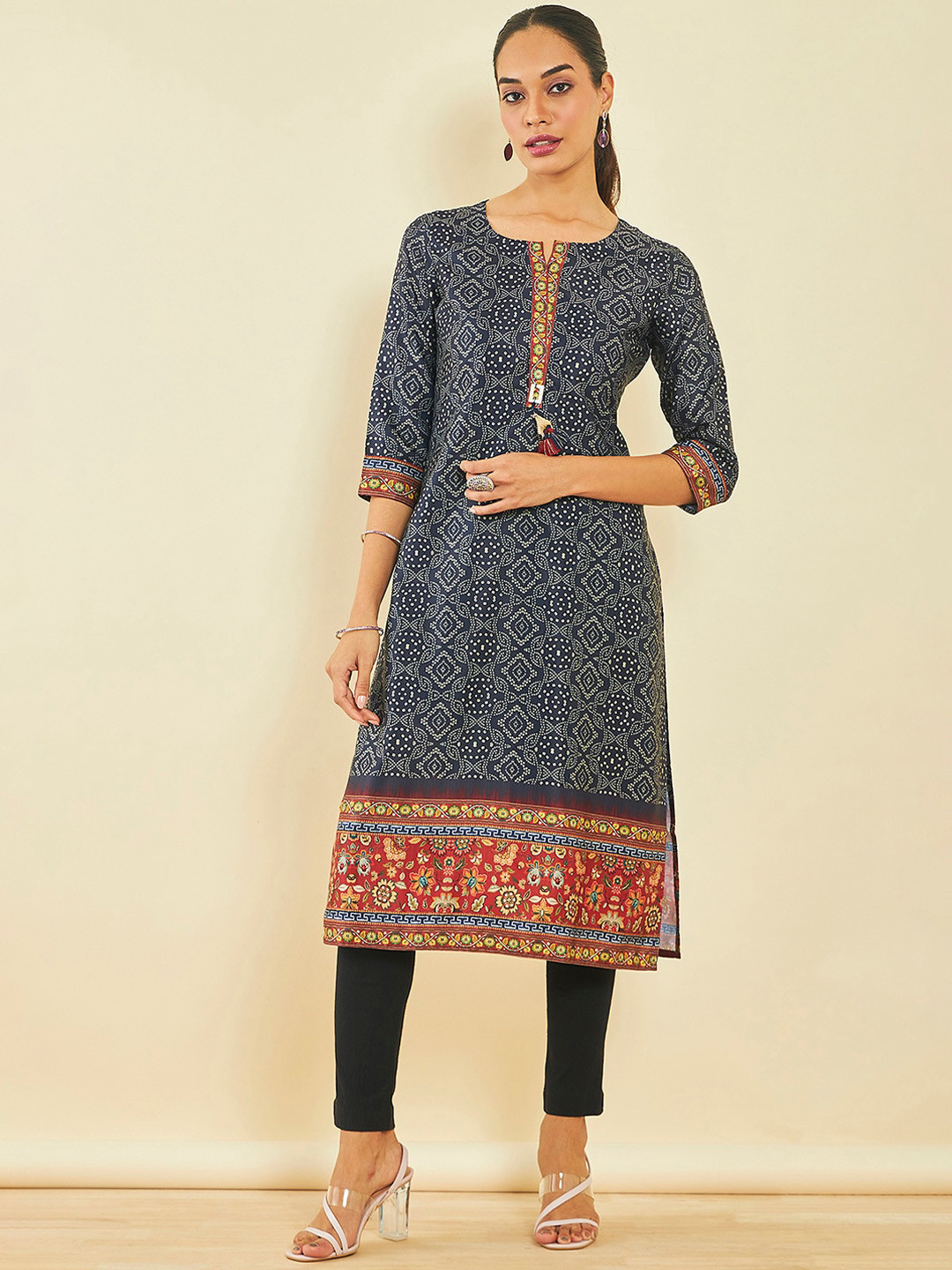 

Soch Bandhani Printed Satin Regular Kurta, Navy blue