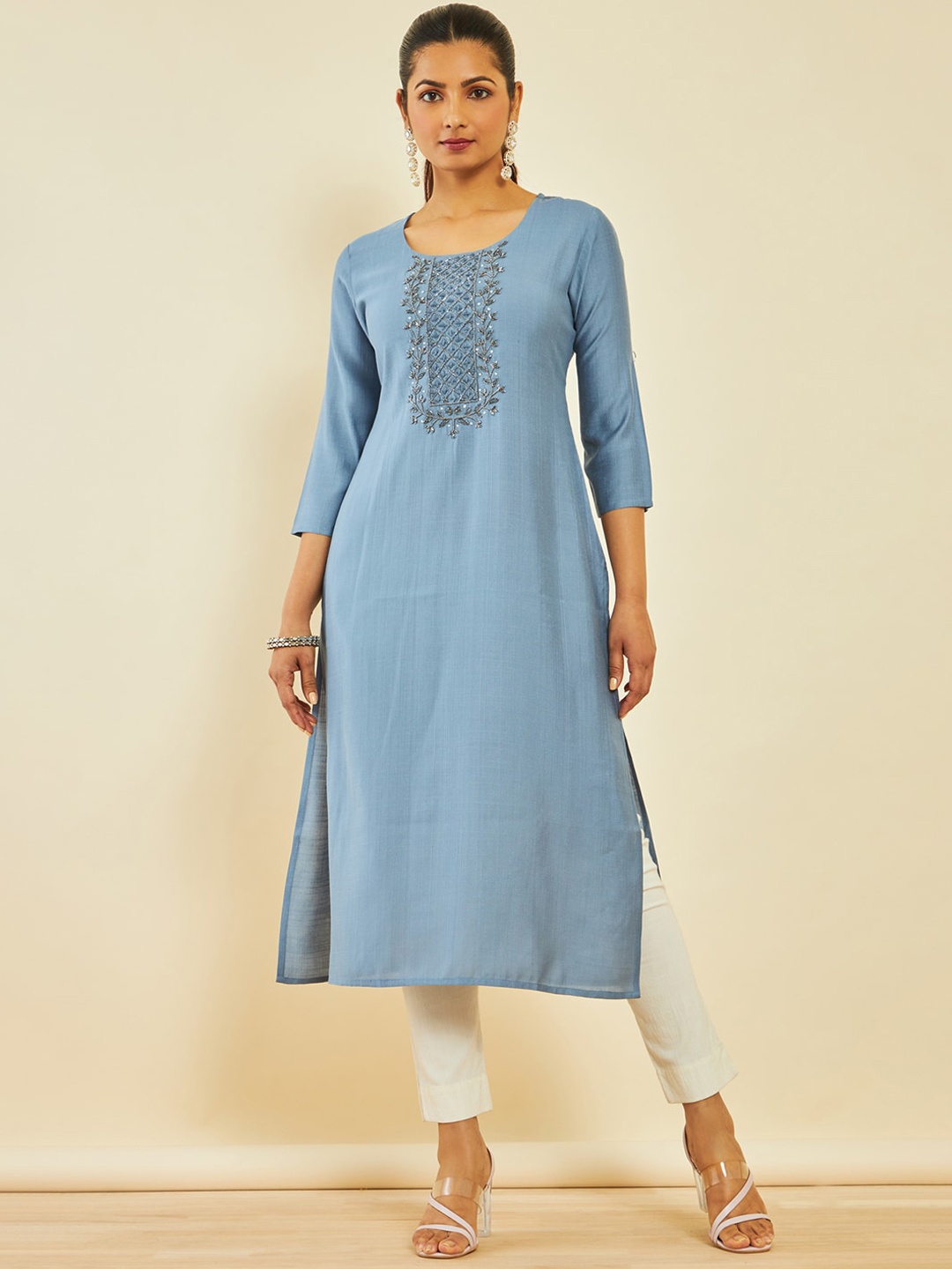 

Soch Ethnic Motifs Yoke Design Thread Work Kurta, Blue