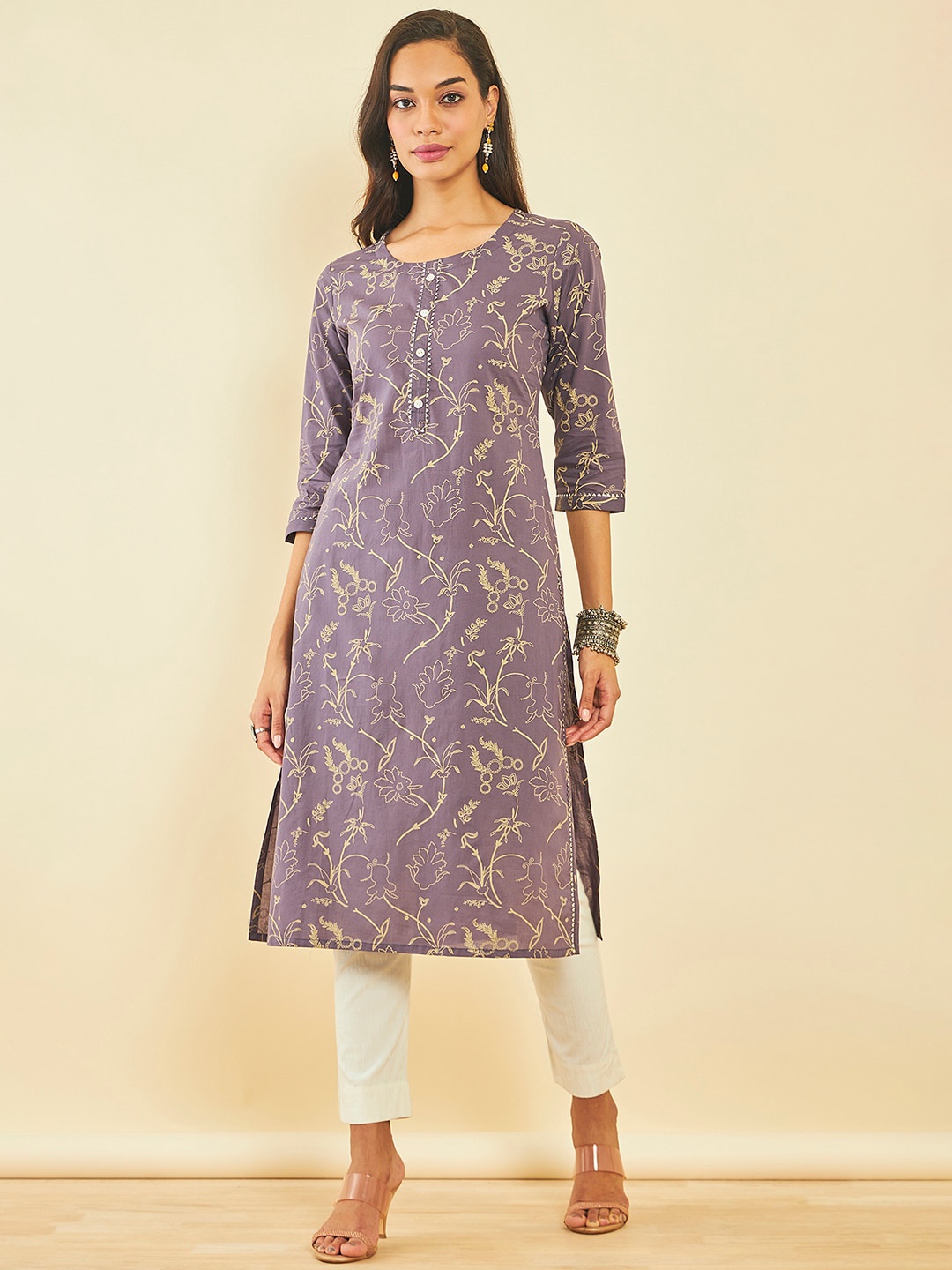 

Soch Floral Printed Cotton Straight Kurta, Grey