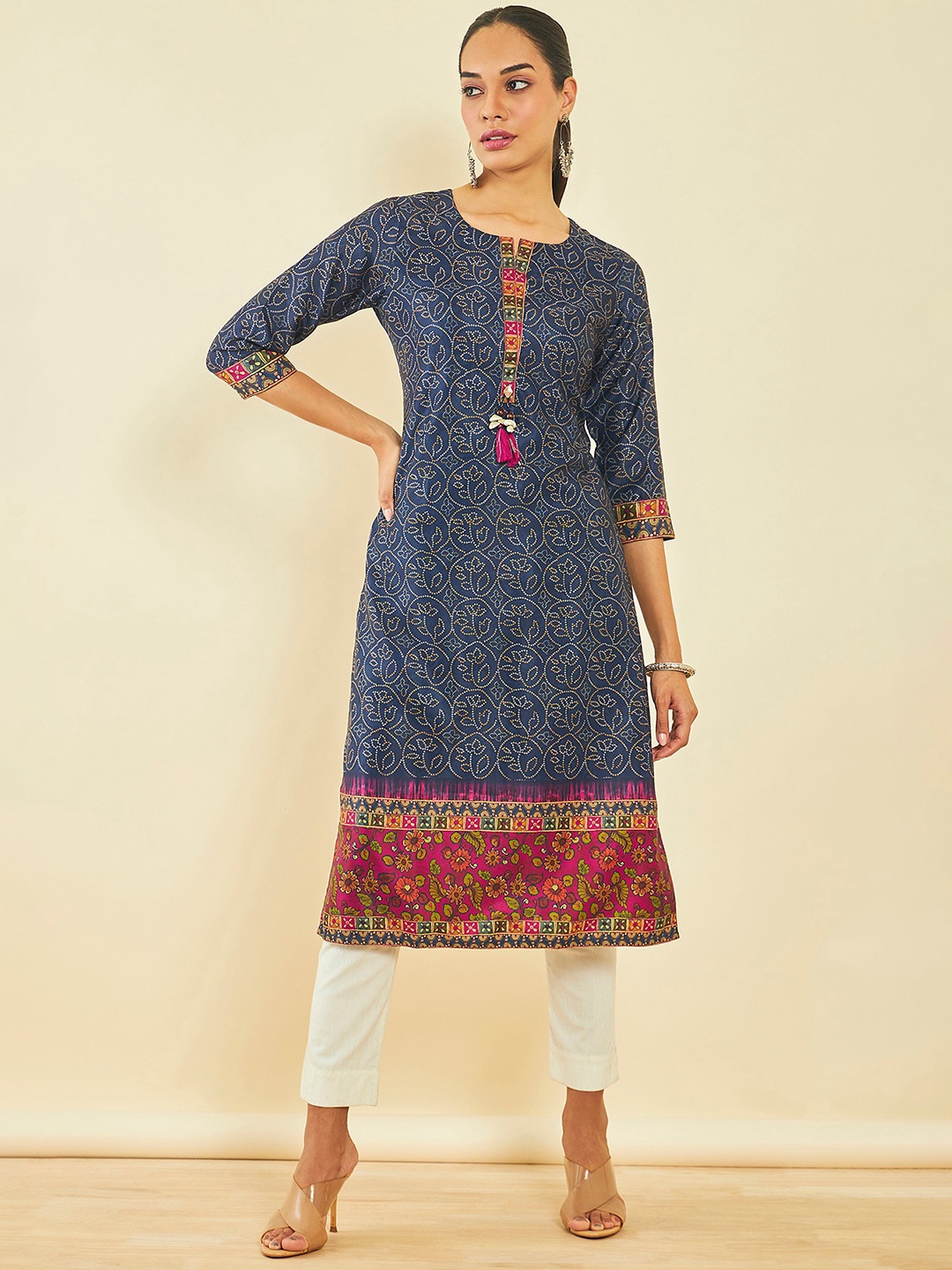 

Soch Bandhani Printed Satin Straight Kurta, Navy blue