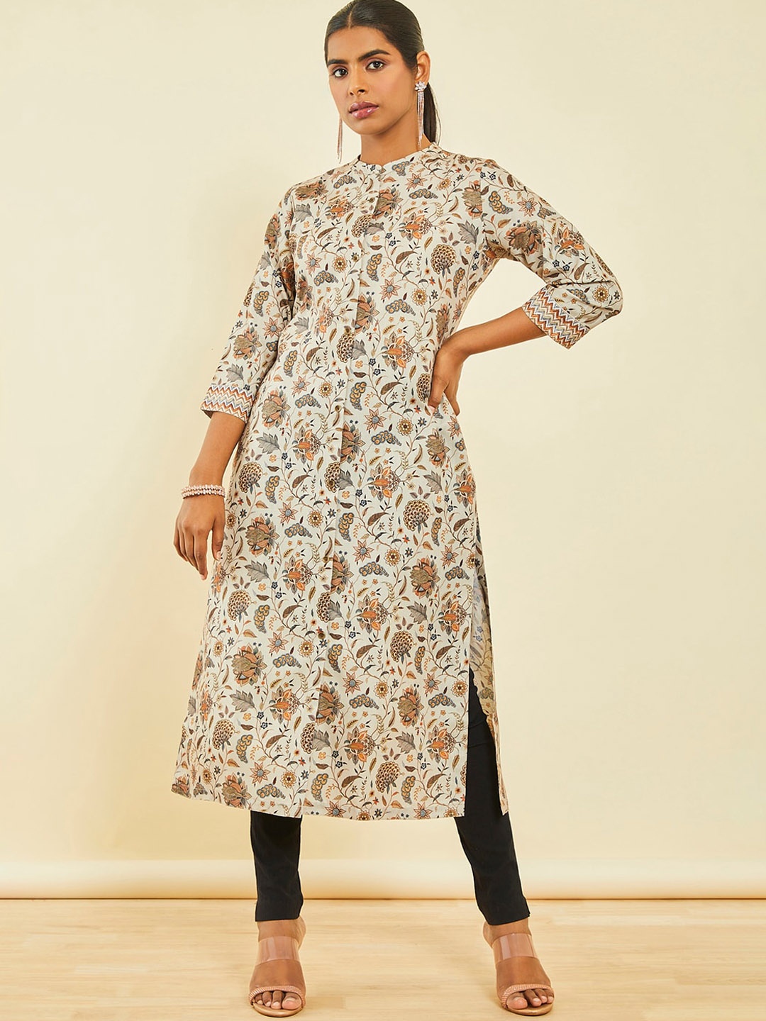 

Soch Floral Printed Mandarin Collar A-Line Kurta, Beige