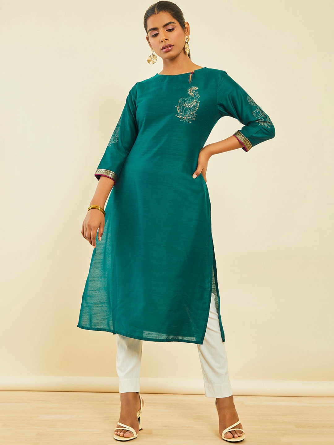 

Soch Floral Printed Keyhole Neck Sequined Straight Silk Kurta, Green