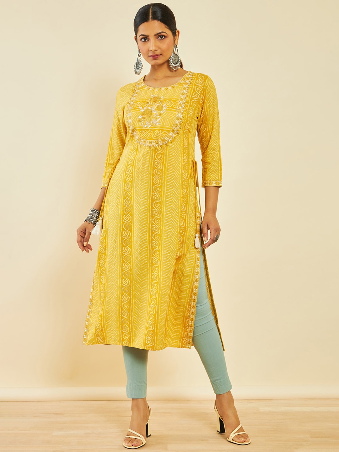 

Soch Bandhani Printed Thread Work A-line Kurta, Yellow