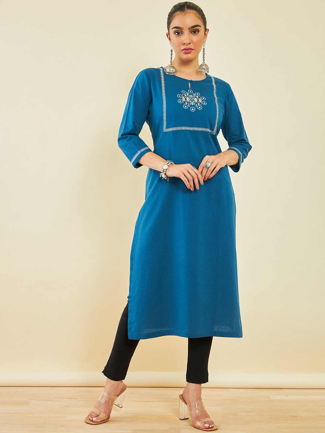 

Soch Ethnic Motifs Yoke Design Mirror Work Thread Work Cotton Kurta, Teal