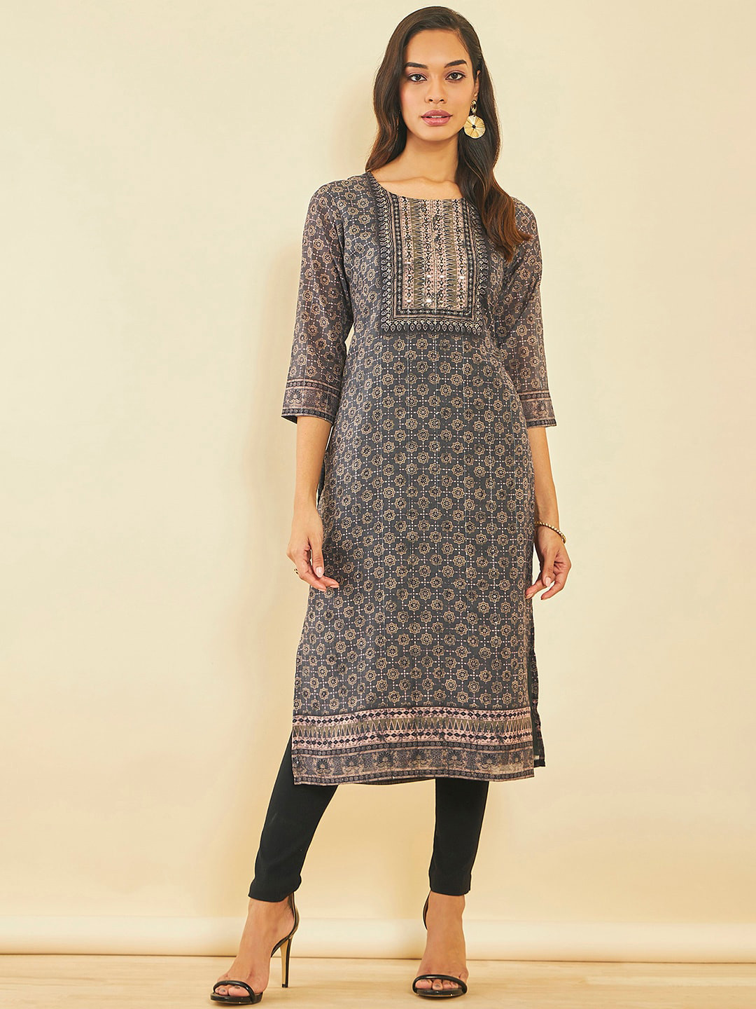 

Soch Ethnic Motifs Printed Chanderi Silk Kurta, Charcoal