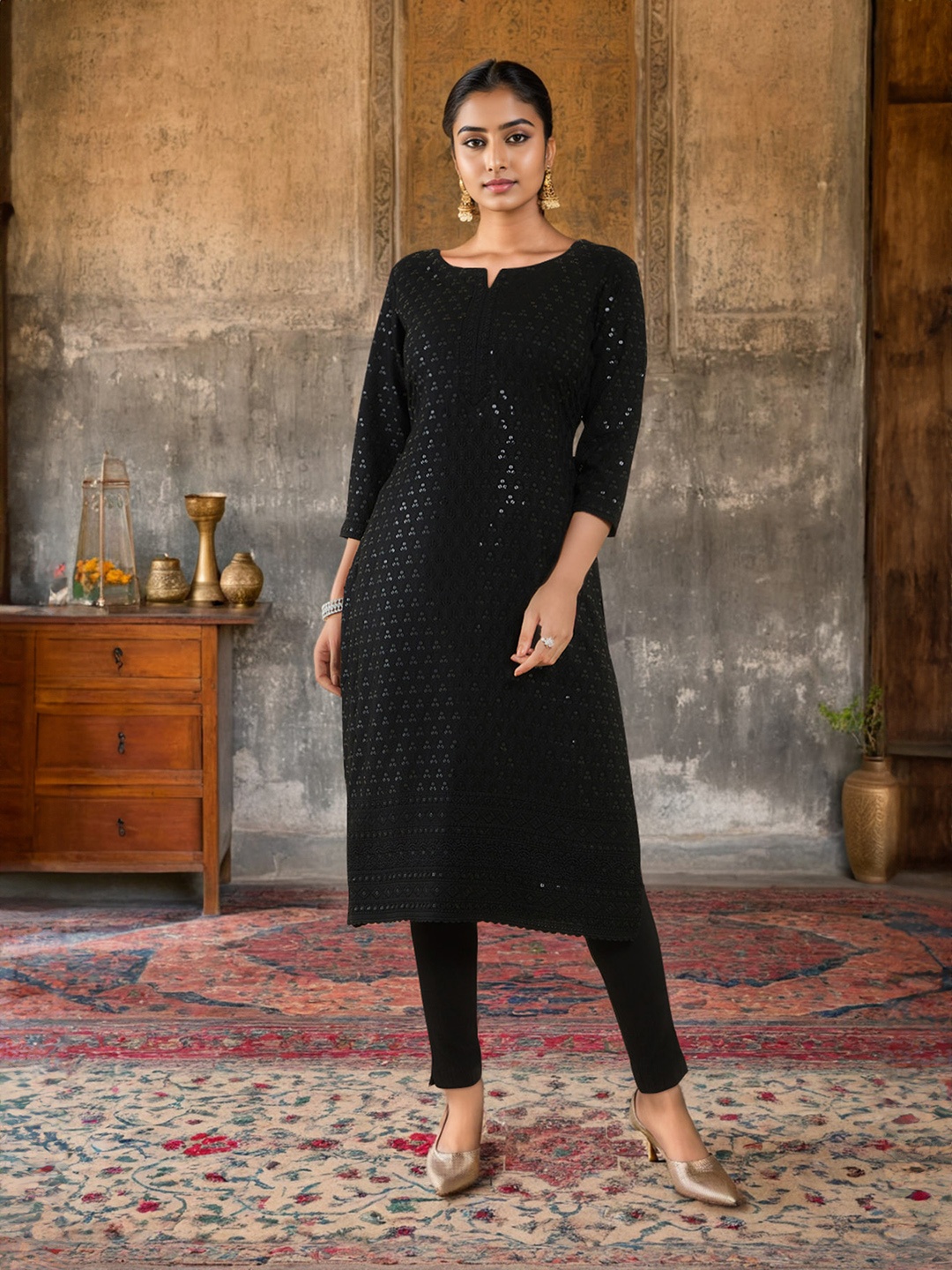 

Soch Ethnic Motifs Embroidered Sequinned Regular Kurta, Black